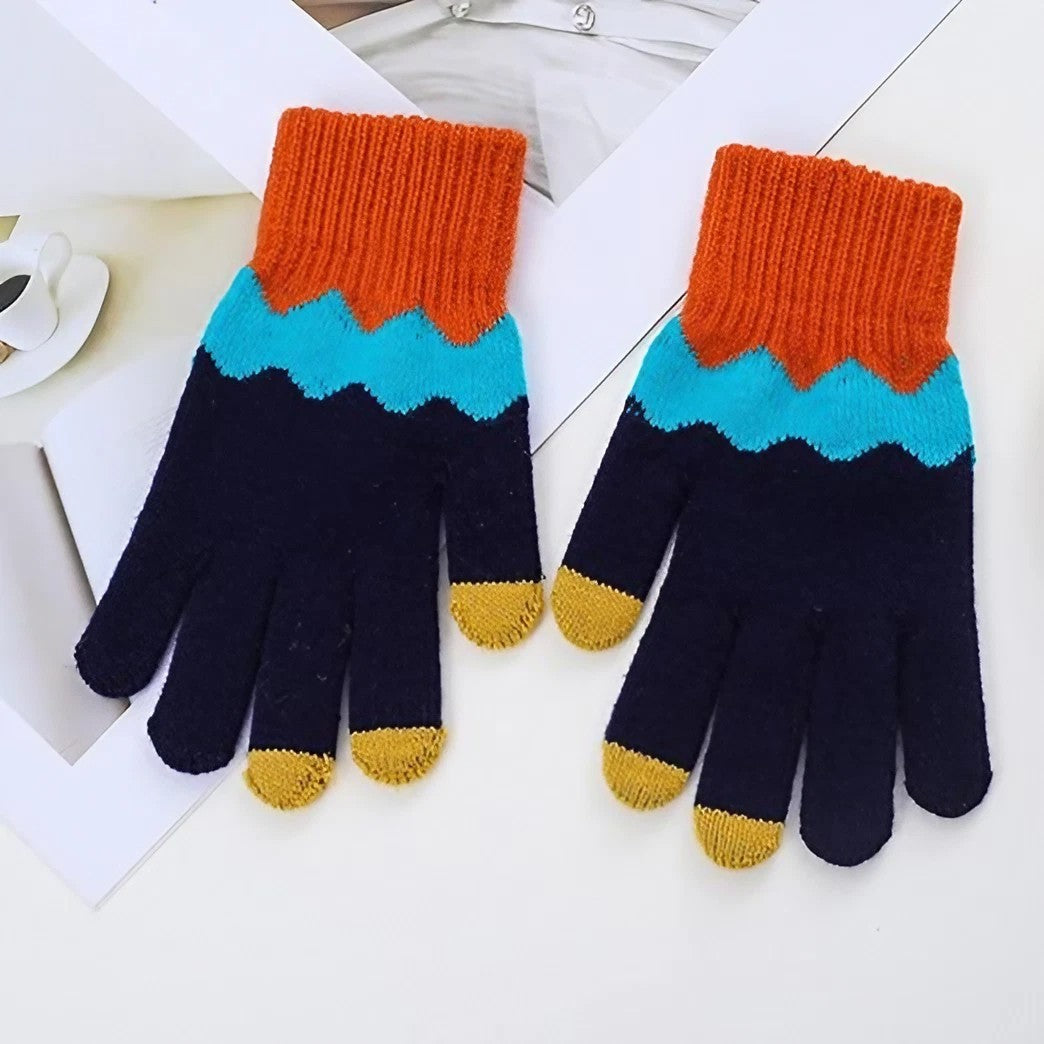Manusi de Dama, Model Ondulat, Functie Touchscreen (ecran tactil), Material Acril Tricotat, Manseta Elastica, Interior Catifelat, Marime Universala, Portocaliu/Albastru