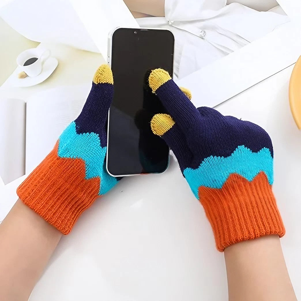 Manusi de Dama, Model Ondulat, Functie Touchscreen (ecran tactil), Material Acril Tricotat, Manseta Elastica, Interior Catifelat, Marime Universala, Portocaliu/Albastru