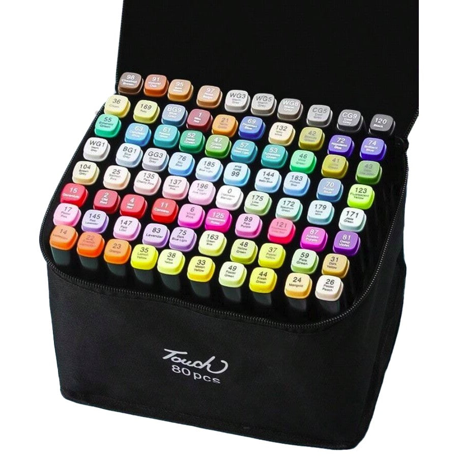 Markere cu Alcool Touch Room, Flippy, Paleta mare Set de 80+ de Culori, Capat Lat si Capat Precis, Geanta Inclusa, Multicolor