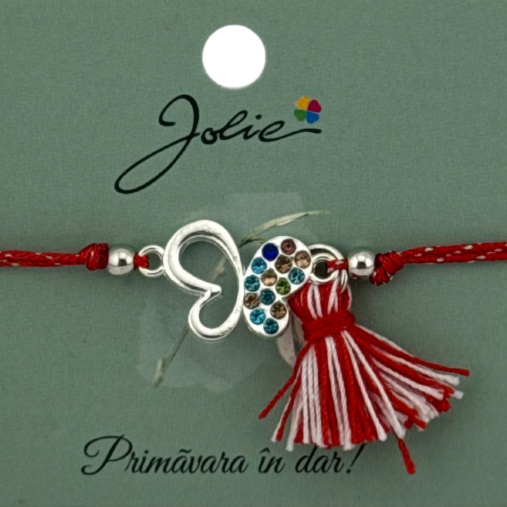 Martisor Bratara Ciucure, Snur Rosu Reglabil, cu Pandantiv, Model Fluture Multicolor