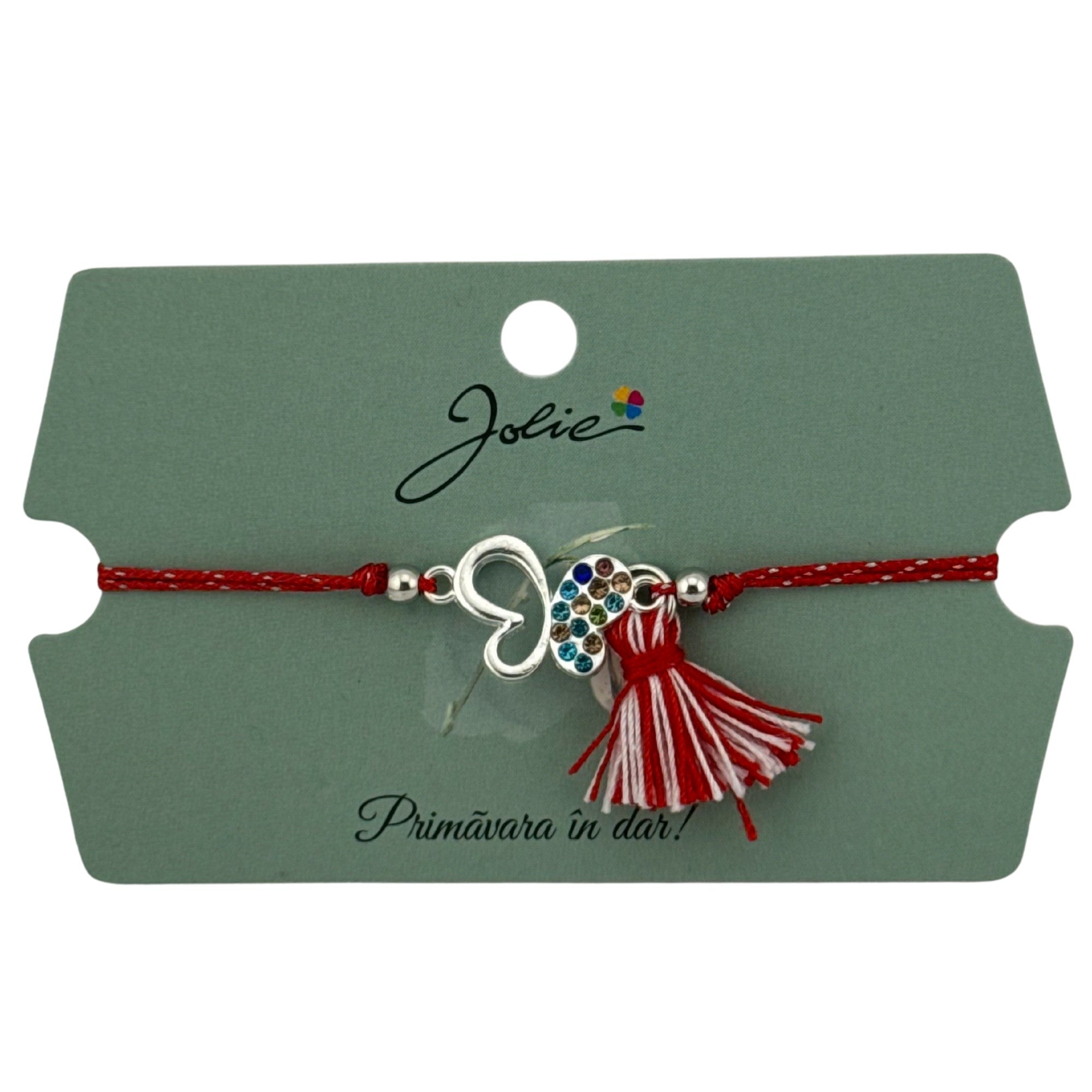 Martisor Bratara Ciucure, Snur Rosu Reglabil, cu Pandantiv, Model Fluture Multicolor