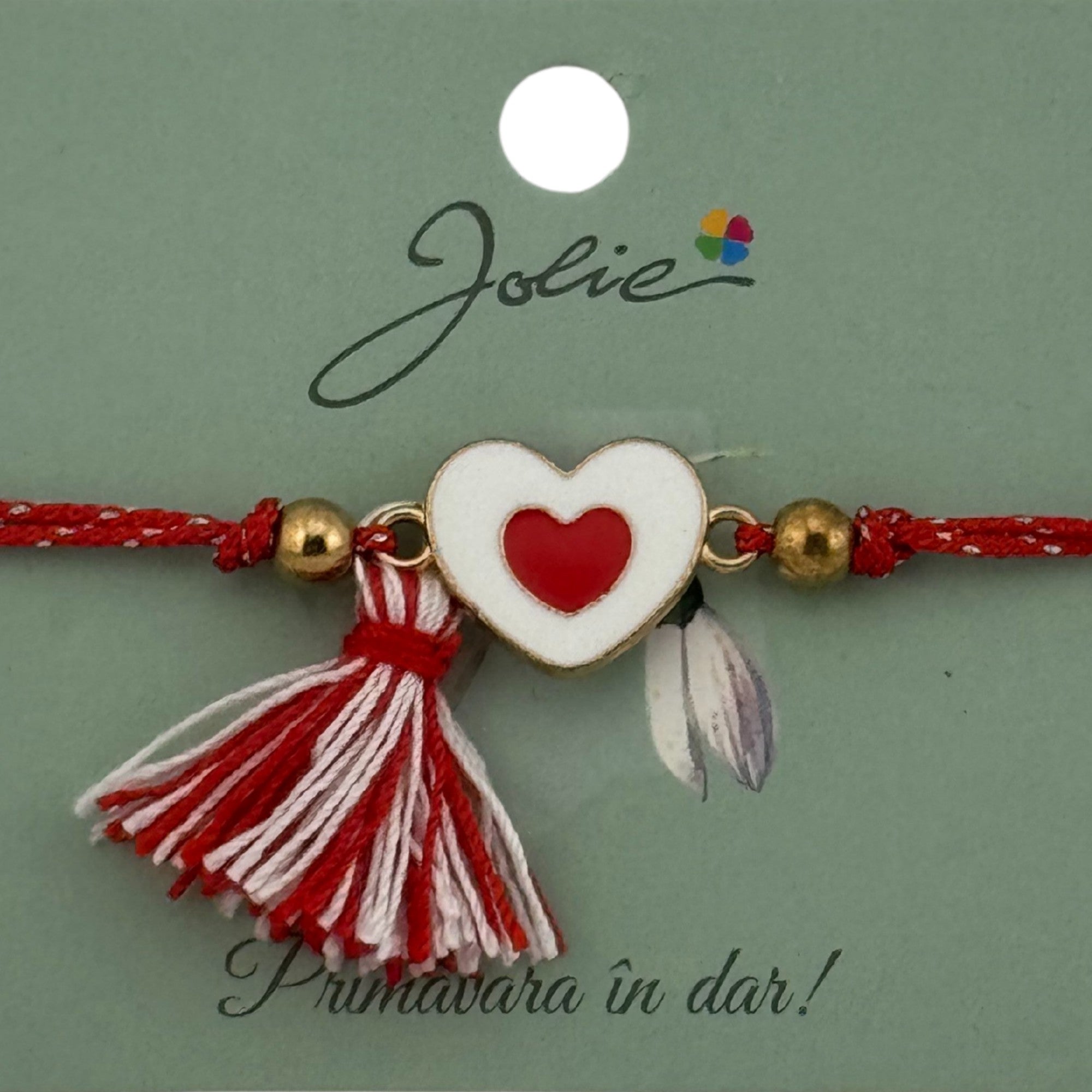 Martisor Bratara Ciucure, Snur Rosu Reglabil, cu Pandantiv, Model Inima