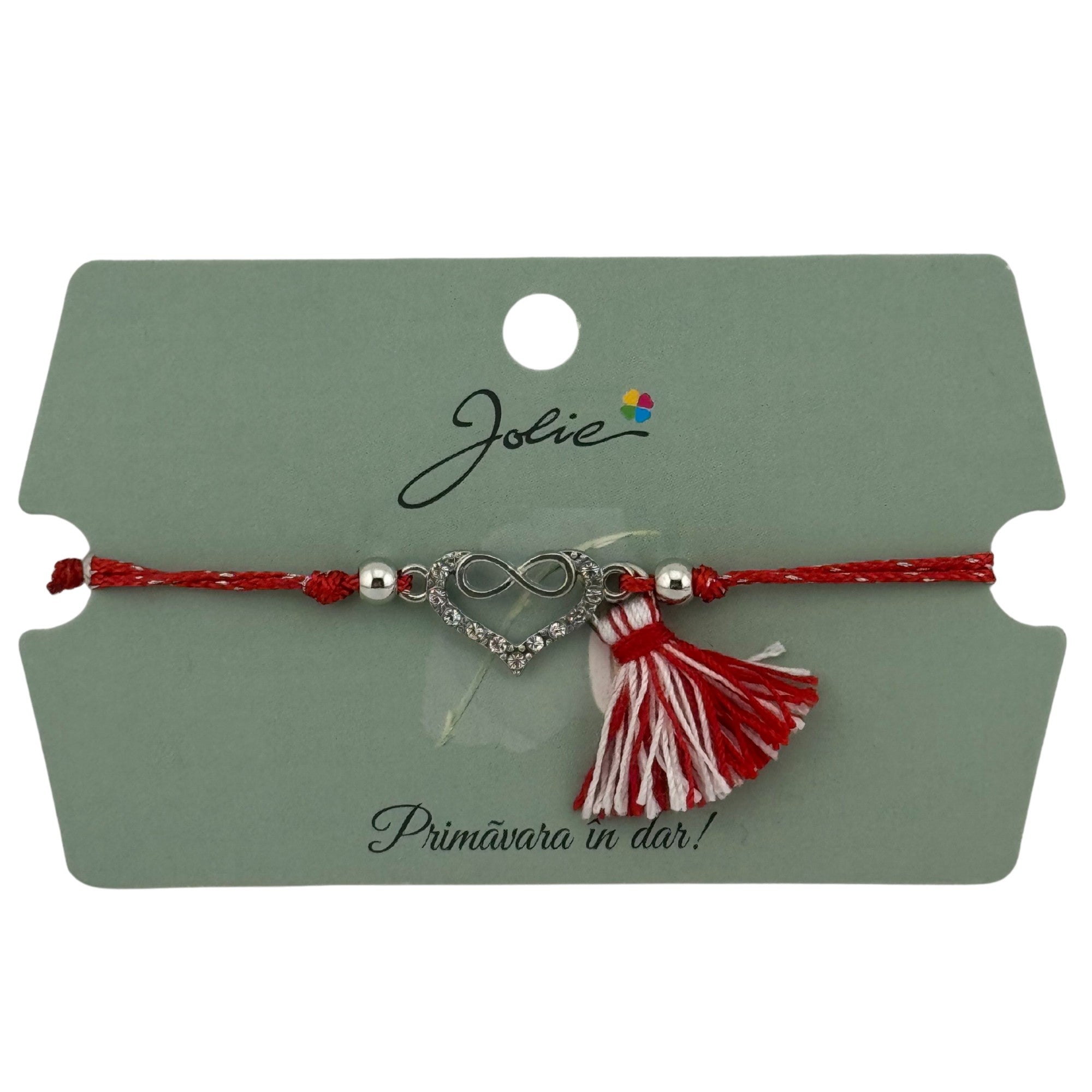 Martisor Bratara Ciucure, Snur Rosu Reglabil, cu Pandantiv, Model Inima Infinit