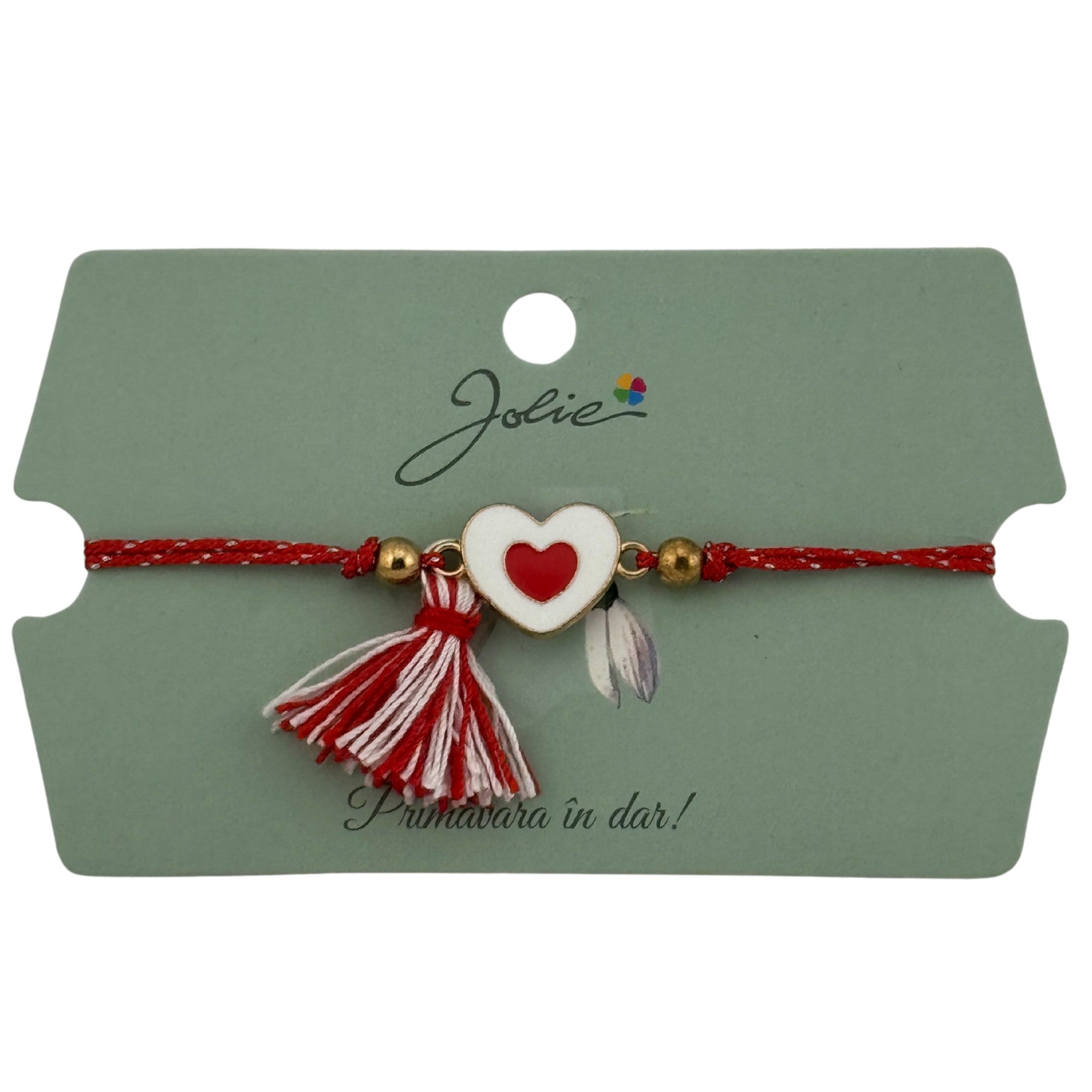 Martisor Bratara Ciucure, Snur Rosu Reglabil, cu Pandantiv, Model Inima
