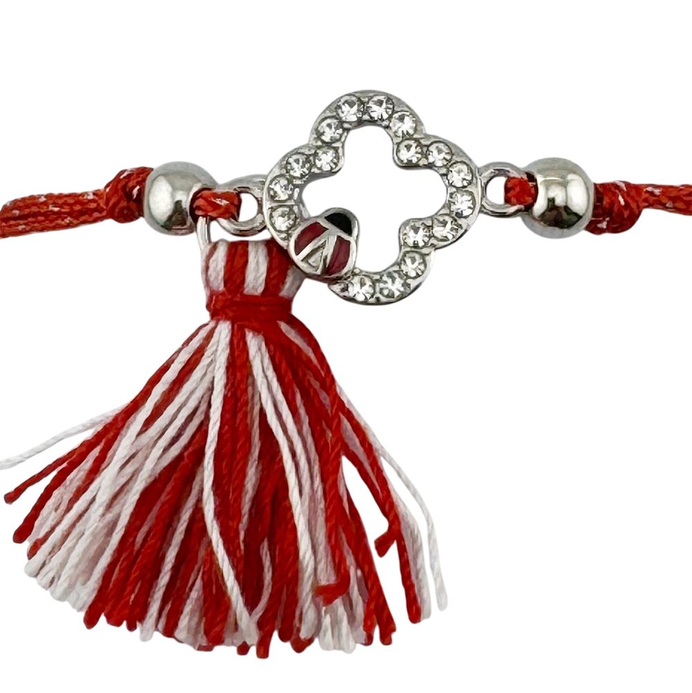 Martisor Bratara cu Ciucure pentru Dama, Model Trifoi Contur cu Buburuza, Set 12 bucati, Pandativ din Inox cu Pietre, Snur Reglabil, Rosu/Alb