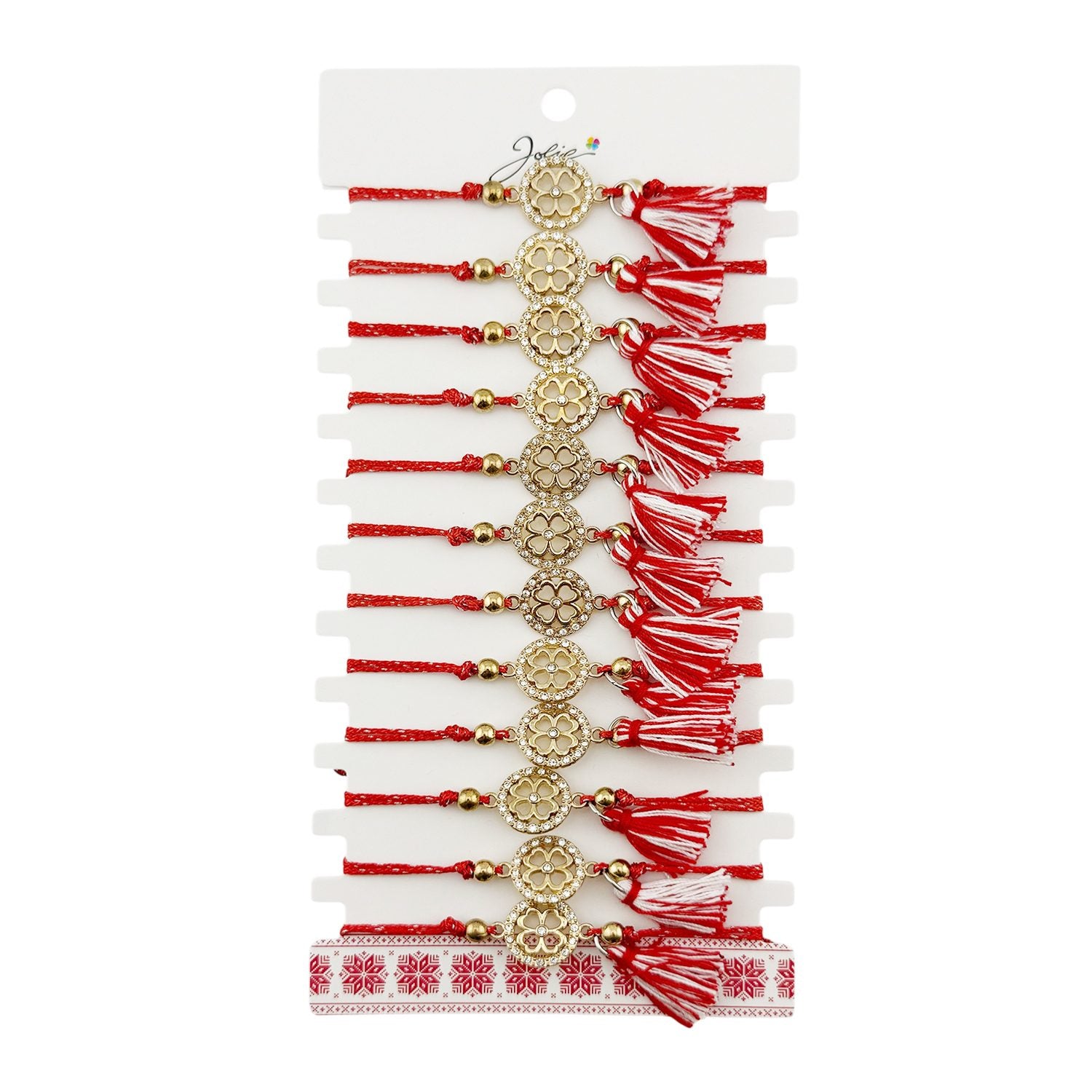 Martisor Bratara cu Ciucure pentru Dama, Model Cerc Trifoi cu Patru Foi, Set 12 bucati, Pandativ din Inox cu Pietre, Snur Reglabil, Rosu/Alb