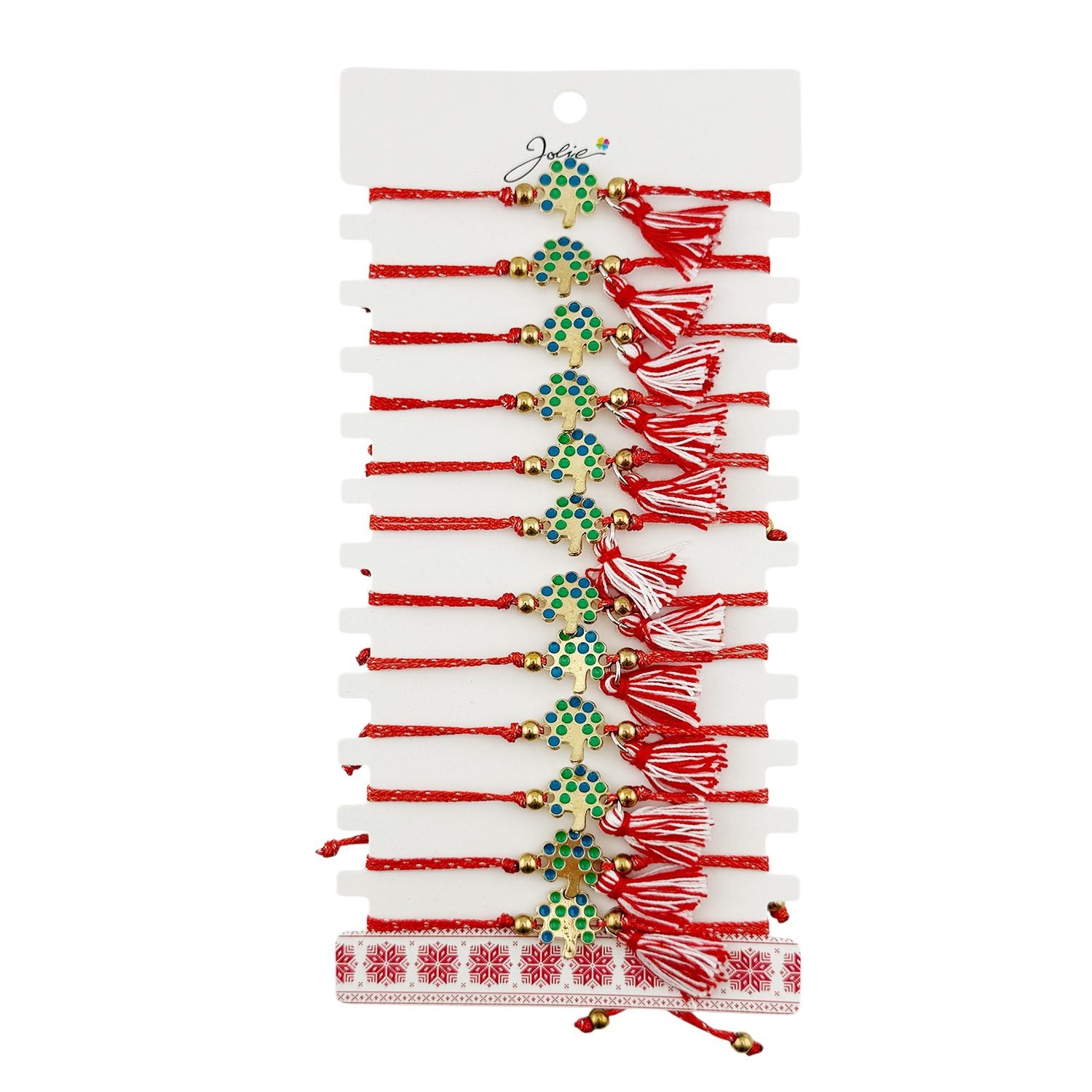 Martisor Bratara cu Ciucure pentru Dama, Model Copacul Vietii, Set 12 bucati, Pandativ din Inox, Snur Reglabil, Rosu/Alb