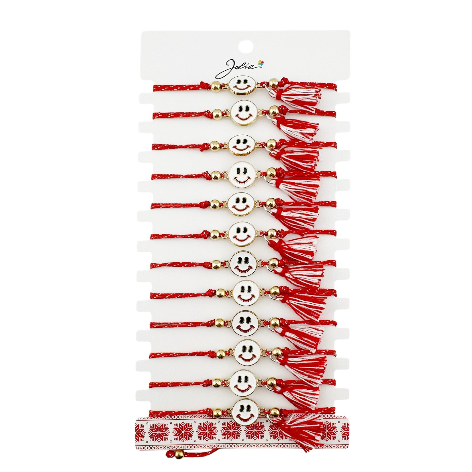 Martisor Bratara cu Ciucure pentru Dama, Model Fata Zambitoare, Set 12 bucati, Pandativ din Inox, Snur Reglabil, Rosu/Alb