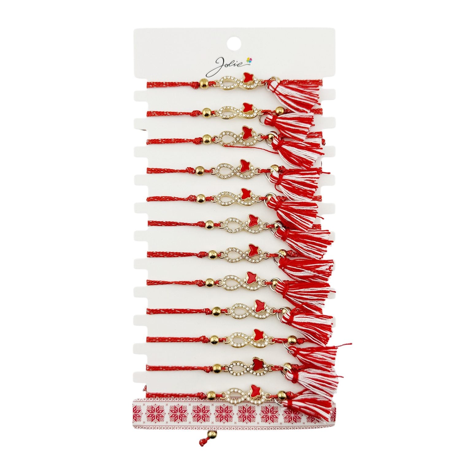 Martisor Bratara cu Ciucure pentru Dama, Model Infinit cu Fluture, Set 12 bucati, Pandativ din Inox cu Pietre, Snur Reglabil, Rosu/Alb