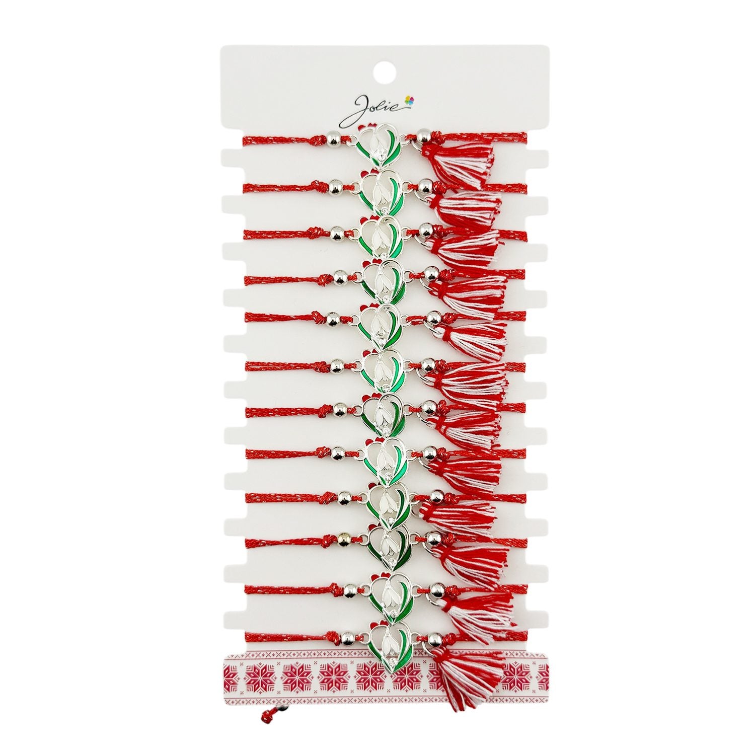 Martisor Bratara cu Ciucure pentru Dama, Model Inima cu Ghiocel, Set 12 bucati, Pandativ din Inox, Snur Reglabil, Rosu/Alb