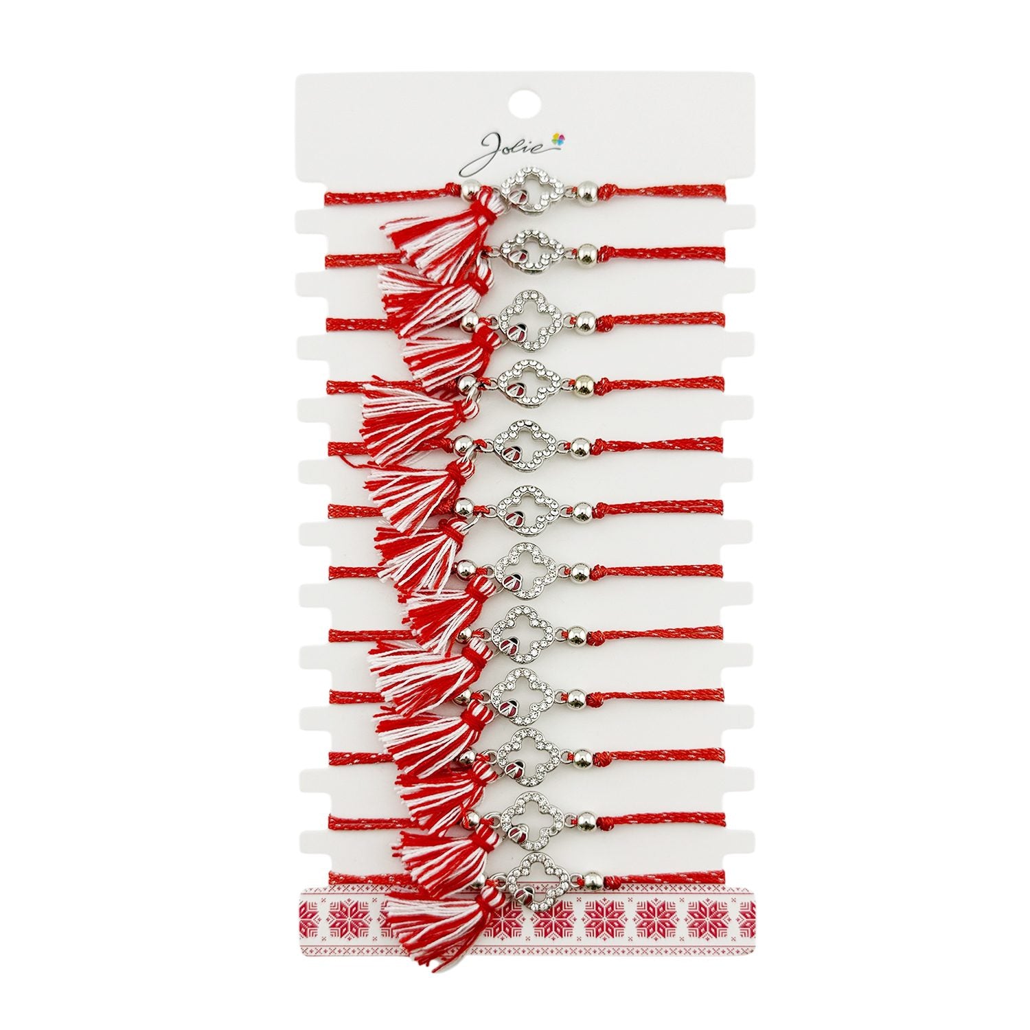 Martisor Bratara cu Ciucure pentru Dama, Model Trifoi Contur cu Buburuza, Set 12 bucati, Pandativ din Inox cu Pietre, Snur Reglabil, Rosu/Alb