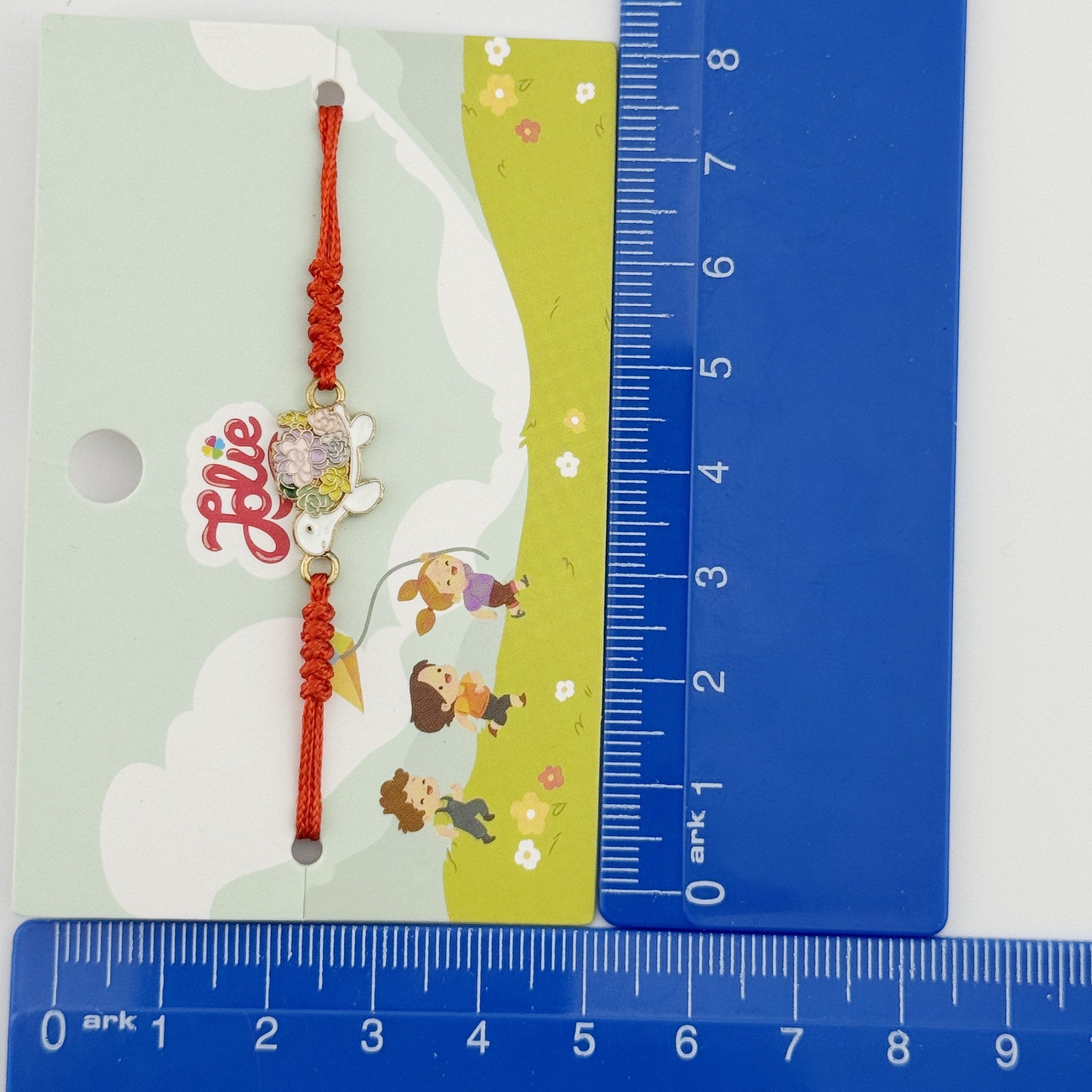 Martisor Bratara pentru Copii, Model Broasca Testoasa, din Metal Auriu cu Snur Impletit Rosu, Alb/Multicolor