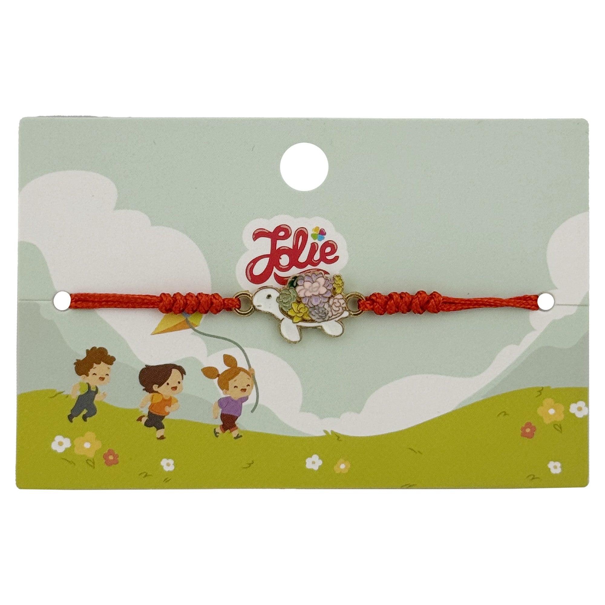Martisor Bratara pentru Copii, Model Broasca Testoasa, din Metal Auriu cu Snur Impletit Rosu, Alb/Multicolor