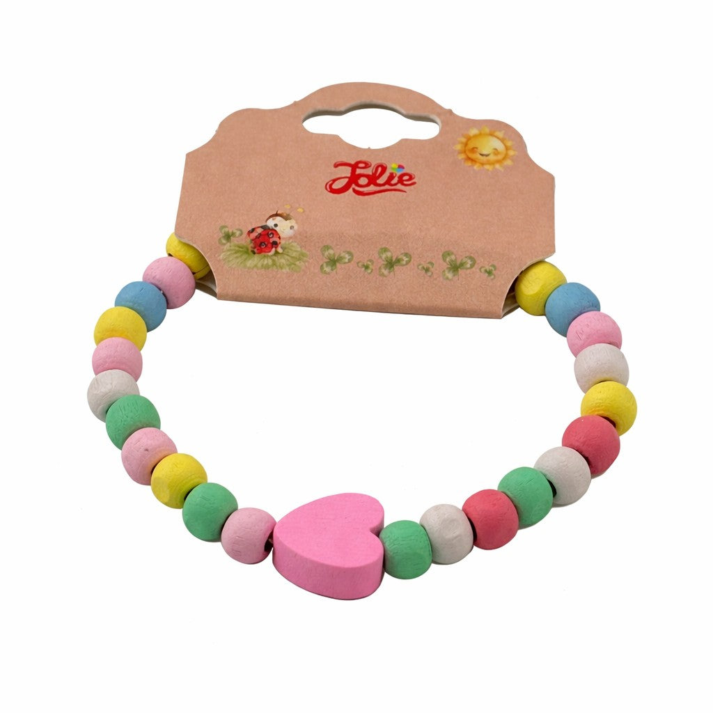 Martisor Bratara pentru Copii, Pandativ Inimioara Roz, tip Elastica cu Margele din Lemn Colorate