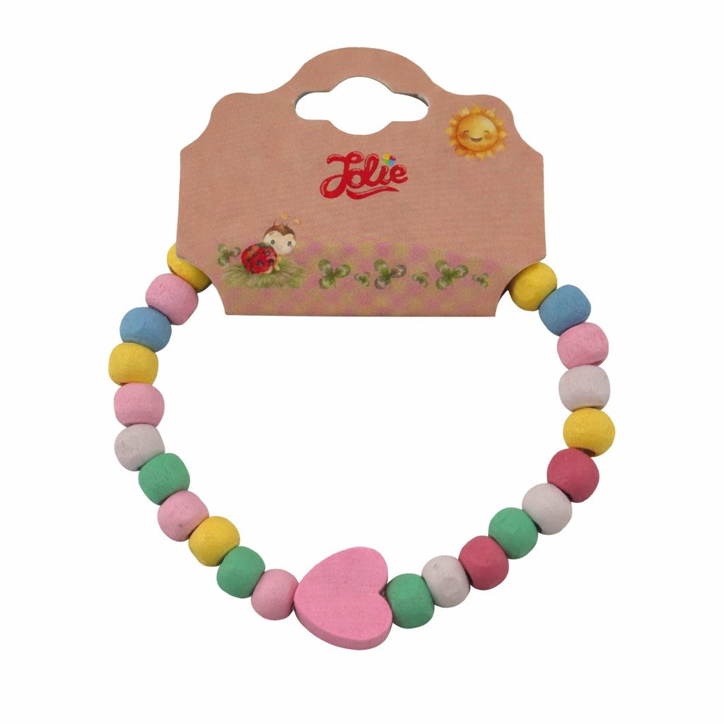 Martisor Bratara pentru Copii, Pandativ Inimioara Roz, tip Elastica cu Margele din Lemn Colorate