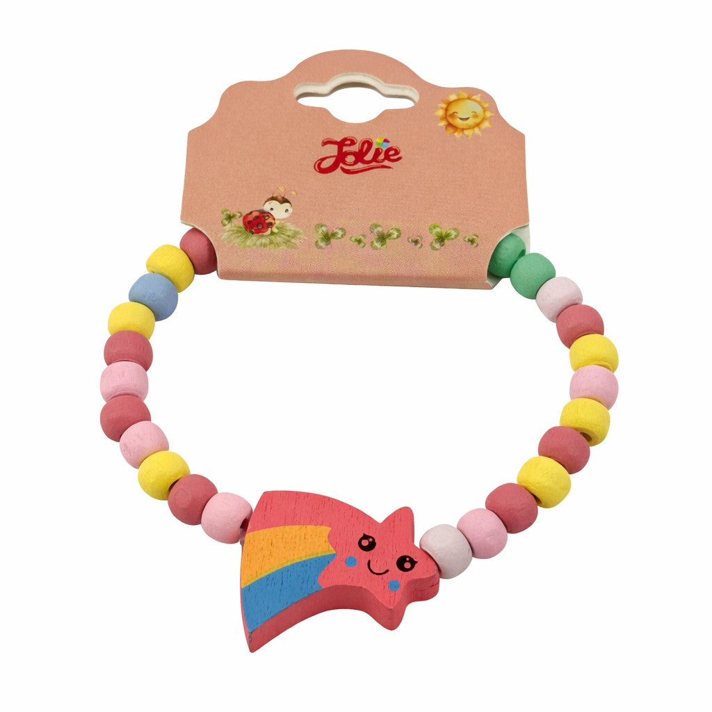 Martisor Bratara pentru Copii, Pandativ Stea Rosie, tip Elastica cu Margele din Lemn Colorate