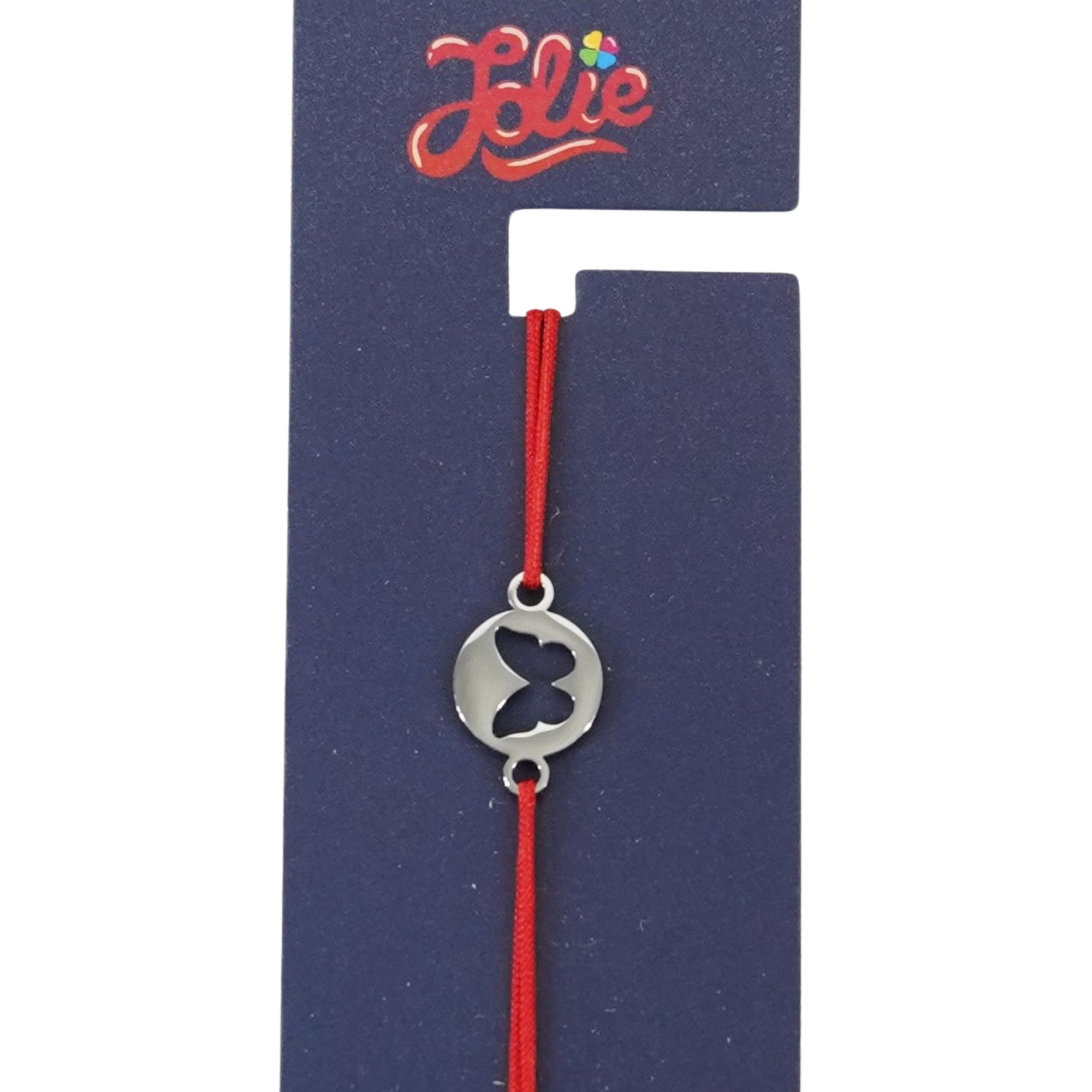 Martisor Bratara din Inox pentru Copii, Textil si Inox, Snur Rosu, Model Fluture, Argintiu