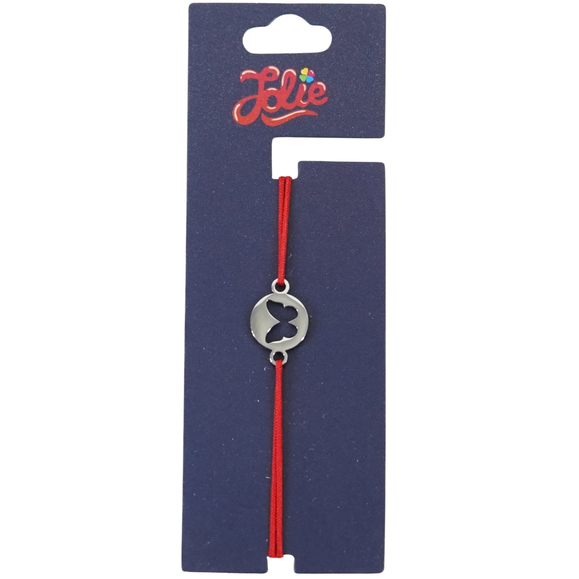 Martisor Bratara din Inox pentru Copii, Textil si Inox, Snur Rosu, Model Fluture, Argintiu