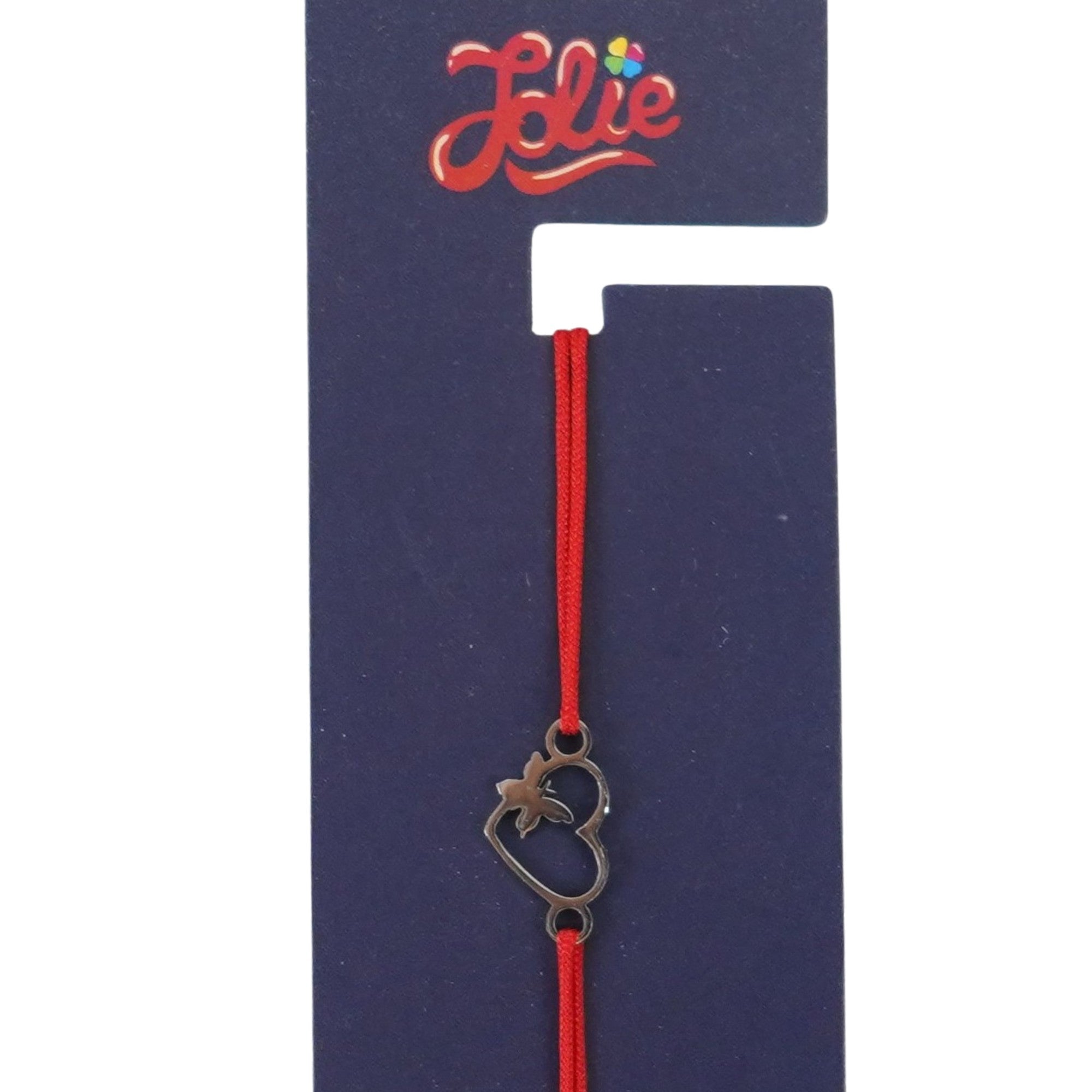 Martisor Bratara din Inox pentru Copii, Textil si Inox, Snur Rosu, Model Inima Fluture, Argintiu