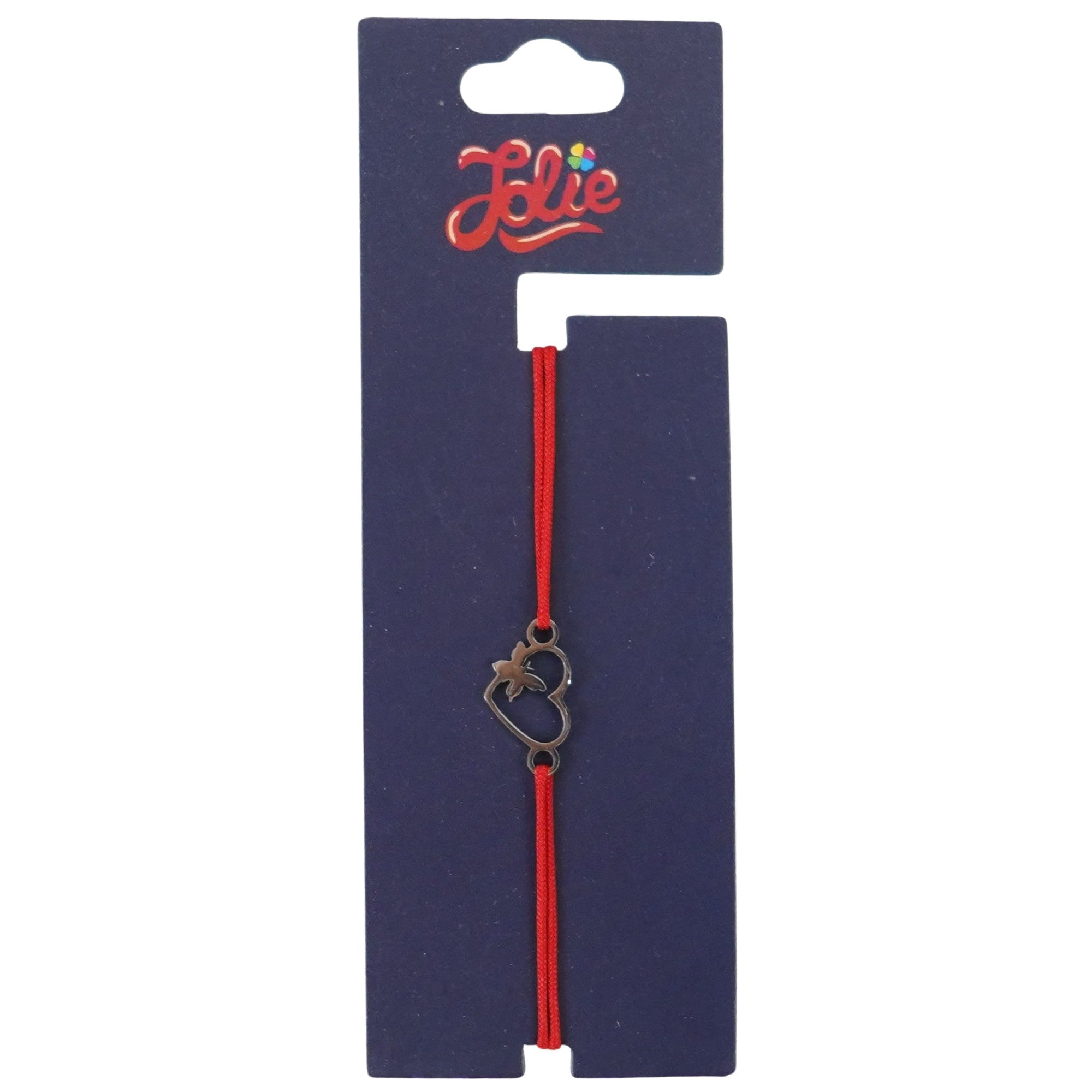 Martisor Bratara din Inox pentru Copii, Textil si Inox, Snur Rosu, Model Inima Fluture, Argintiu