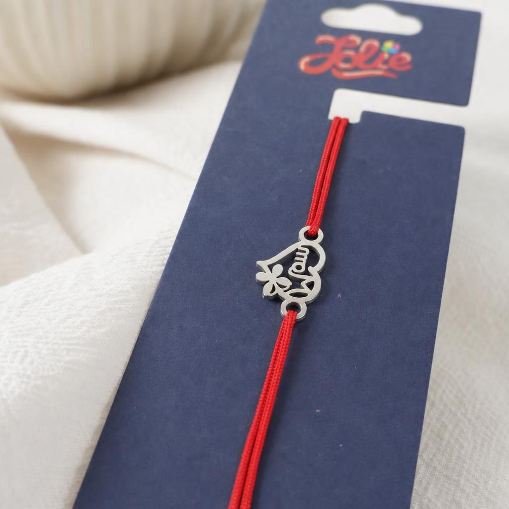Martisor Bratara din Inox pentru Copii, Textil si Inox, Snur Rosu, Model Inima Mama, Argintiu