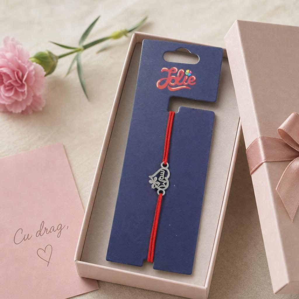 Martisor Bratara din Inox pentru Copii, Textil si Inox, Snur Rosu, Model Inima Mama, Argintiu