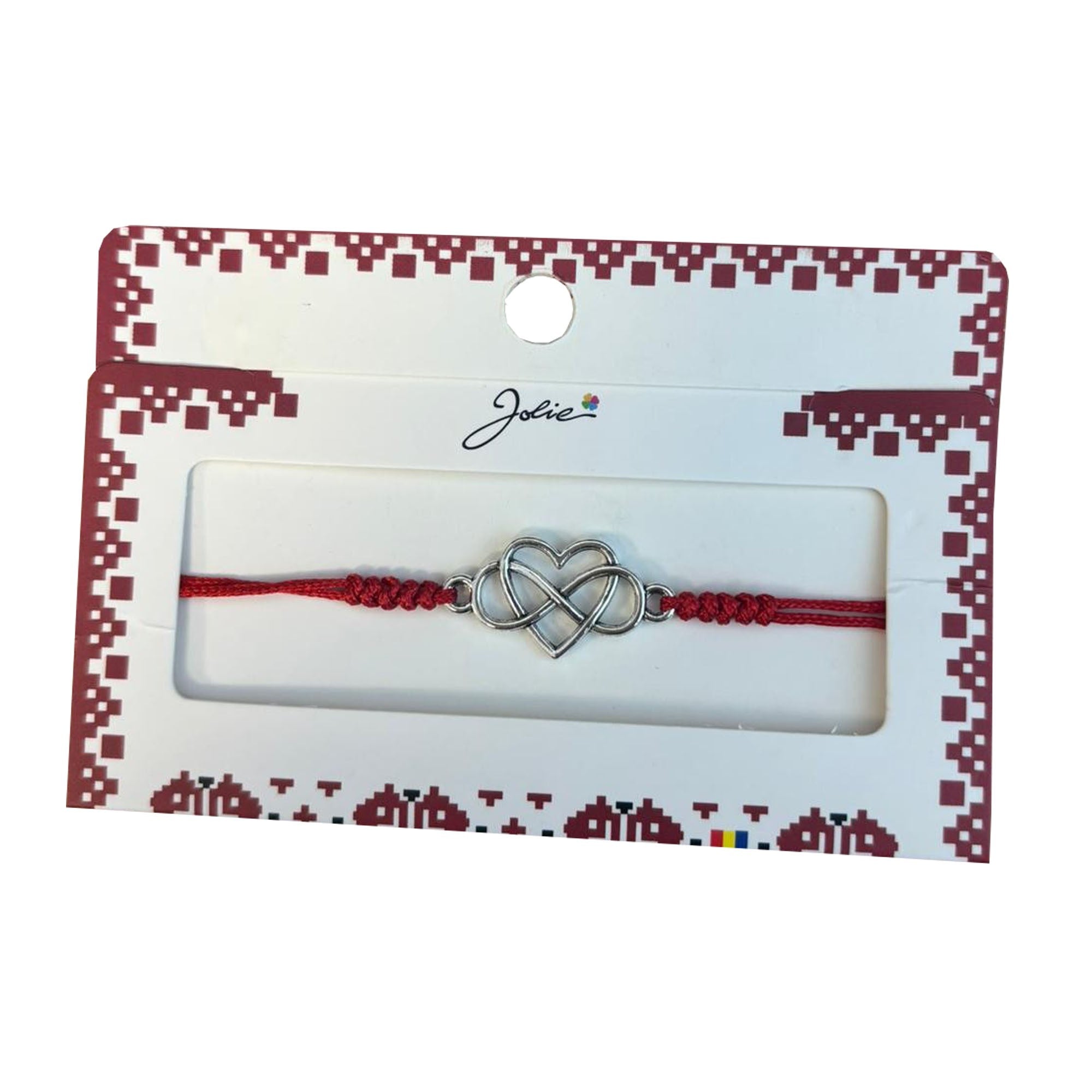 Martisor tip Bratara cu Pandantiv Metalic, cu Snur Textil Rosu Impletit, Model Inima Infinit, Dimensiune Reglabila, Ambalata Individual
