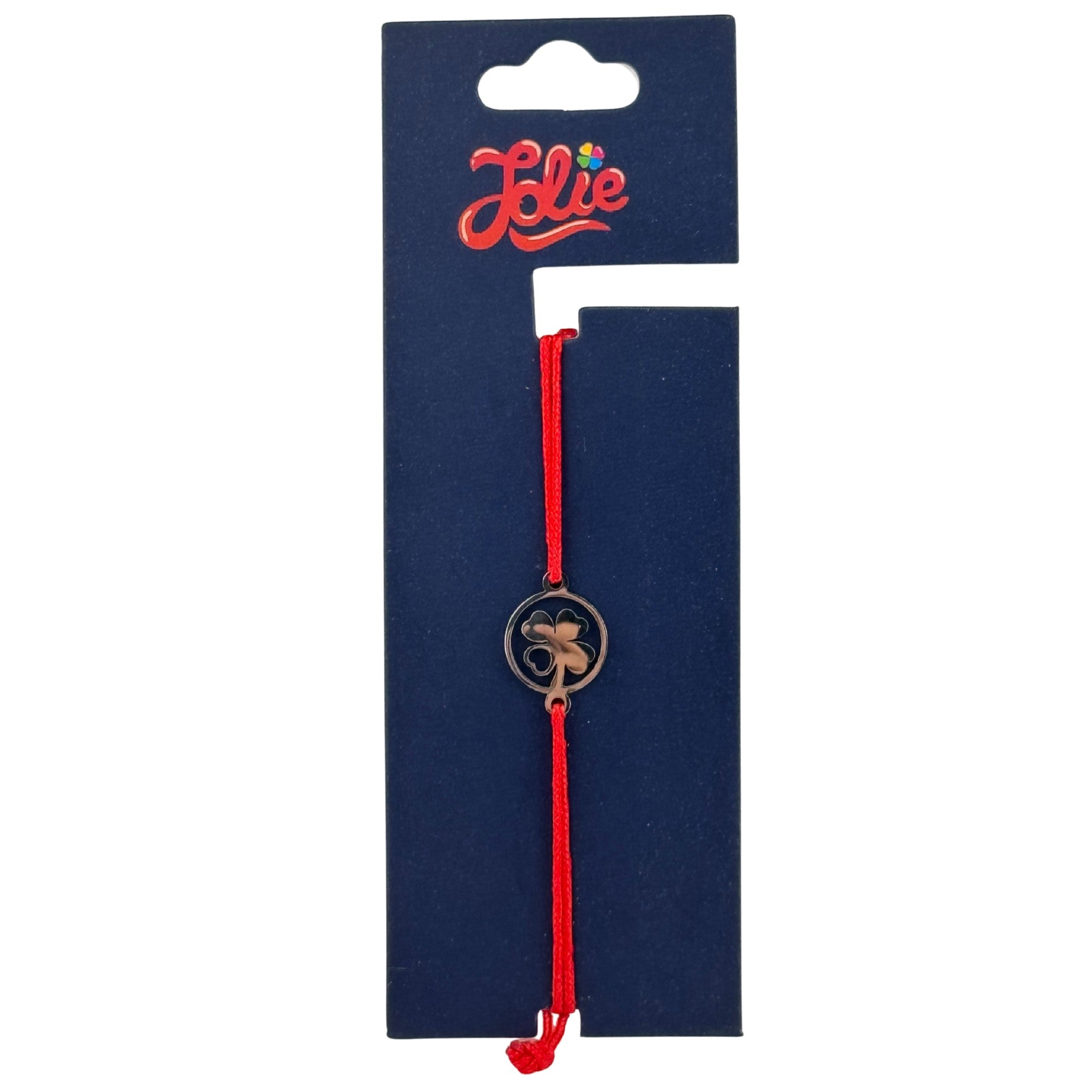 Martisor Bratara din Inox pentru Copii, Jolie, Textil si Inox, Snur Rosu, Model Trifoi Norocos, Argintiu