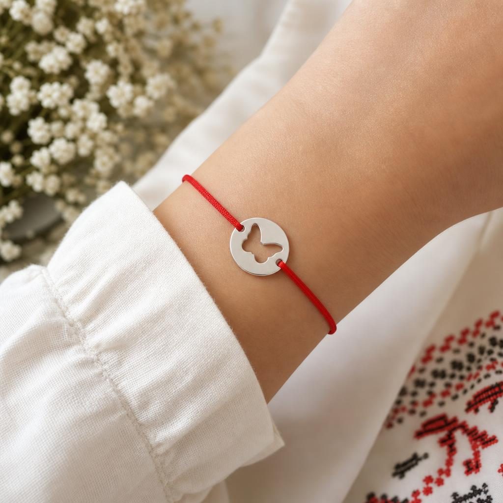 Martisor Bratara, Argint 925, Model Fluture Decupat, Snur Rosu Reglabil, Fara Pietre, Argintiu
