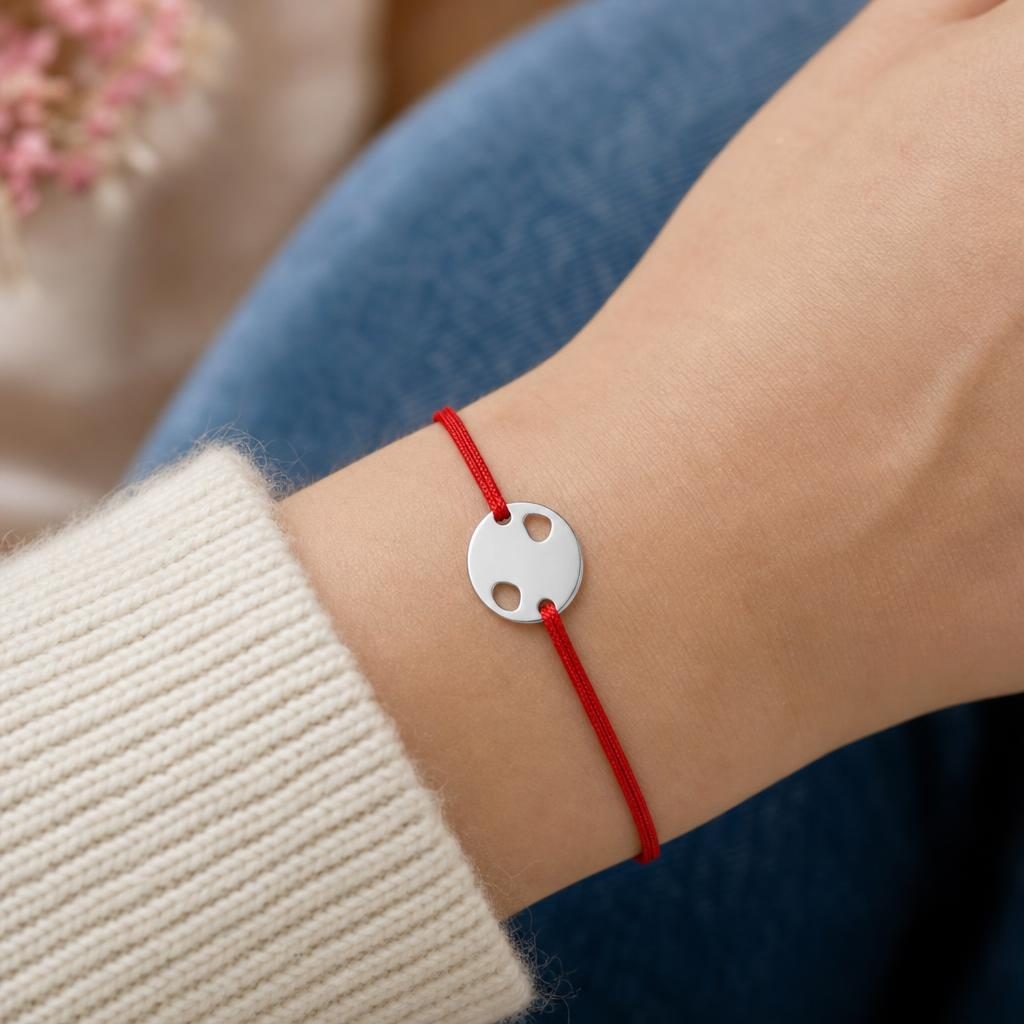 Martisor Bratara, Argint 925, Model Rotund Doua Inimi, Snur Rosu Reglabil, Fara Pietre, Argintiu
