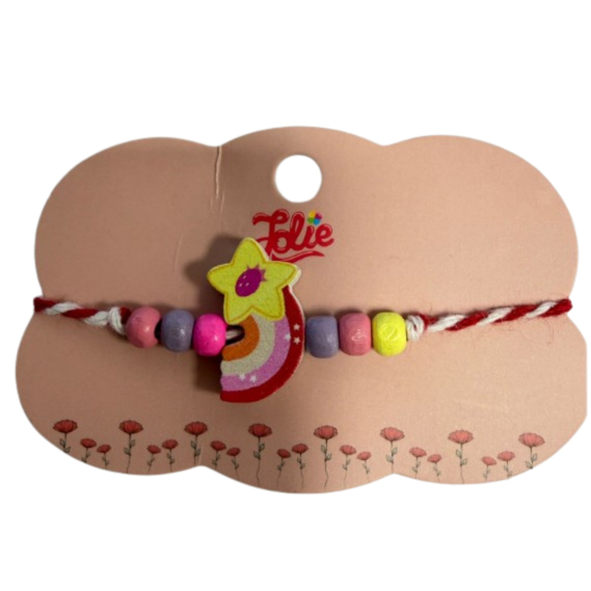 Martisor Bratara Multicolora pentru Copii, din Lemn si Textil, Model Steluta Curcubeu