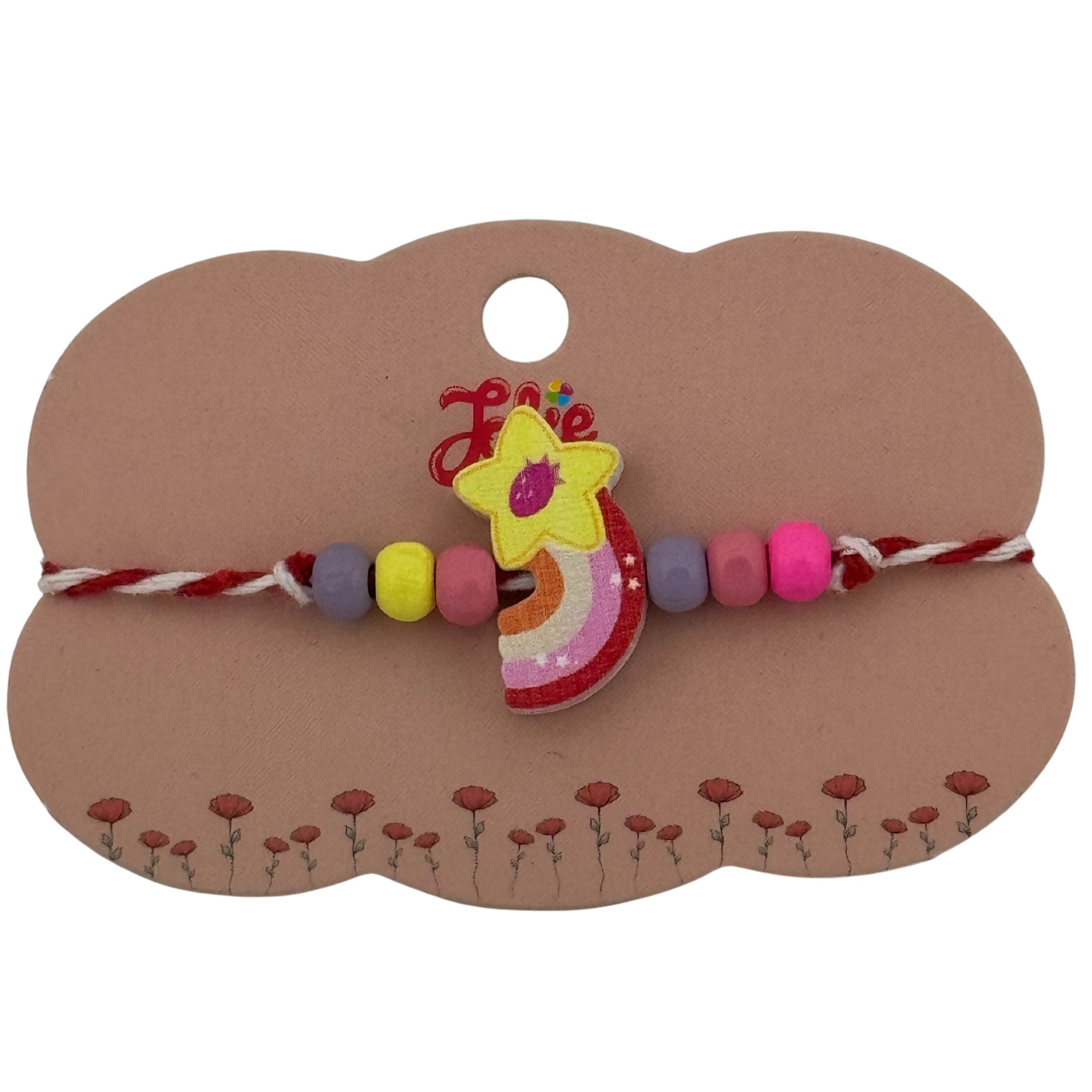 Martisor Bratara Multicolora pentru Copii, din Lemn si Textil, Model Steluta Curcubeu