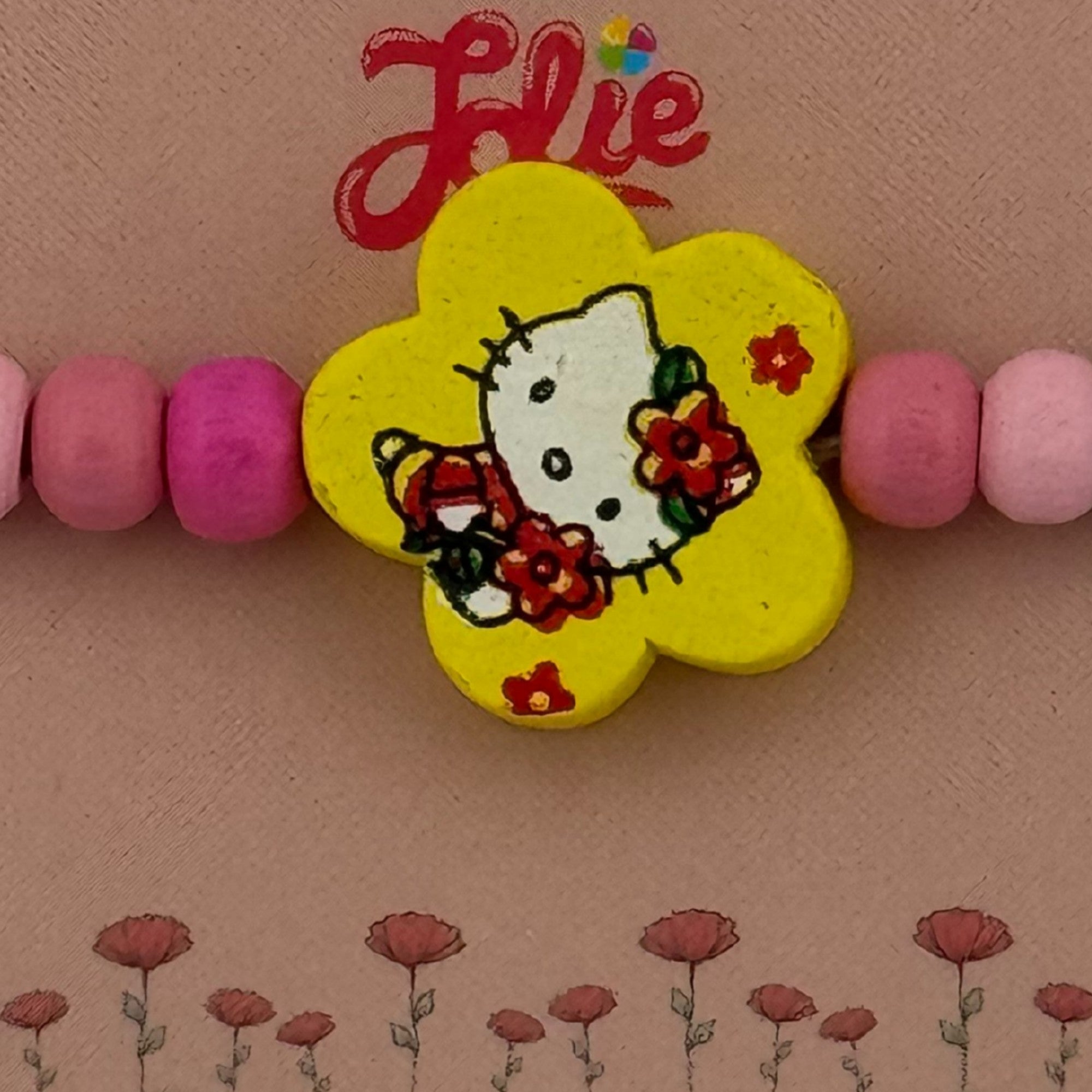 Martisor Bratara Multicolora pentru Copii, din Lemn si Textil, Model Pisica