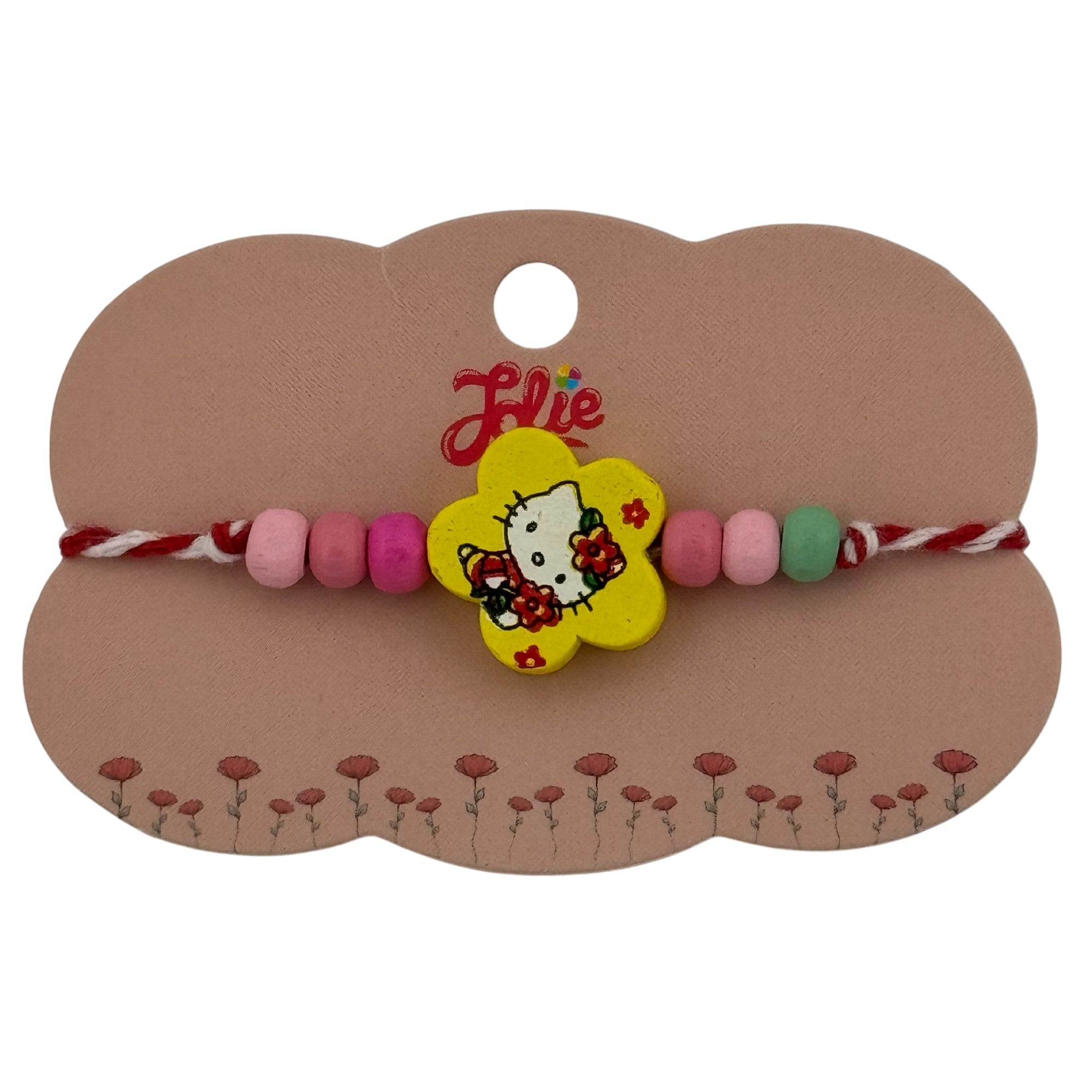 Martisor Bratara Multicolora pentru Copii, din Lemn si Textil, Model Pisica