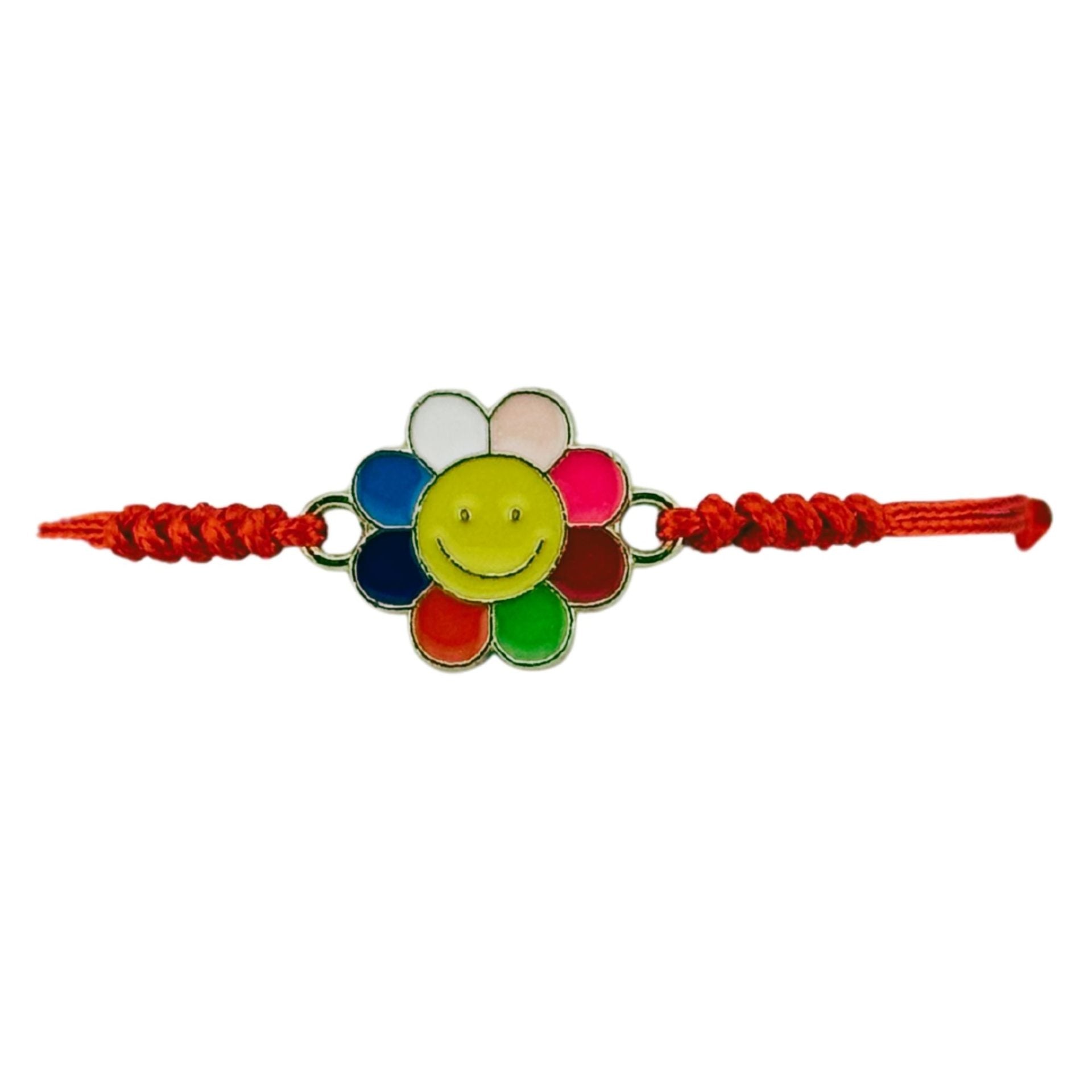 Martisor Bratara pentru Dama si Copii, Model Floricica Smiley, Set 12 bucati, Pandantiv Emailat, Snur Reglabil, Rosu