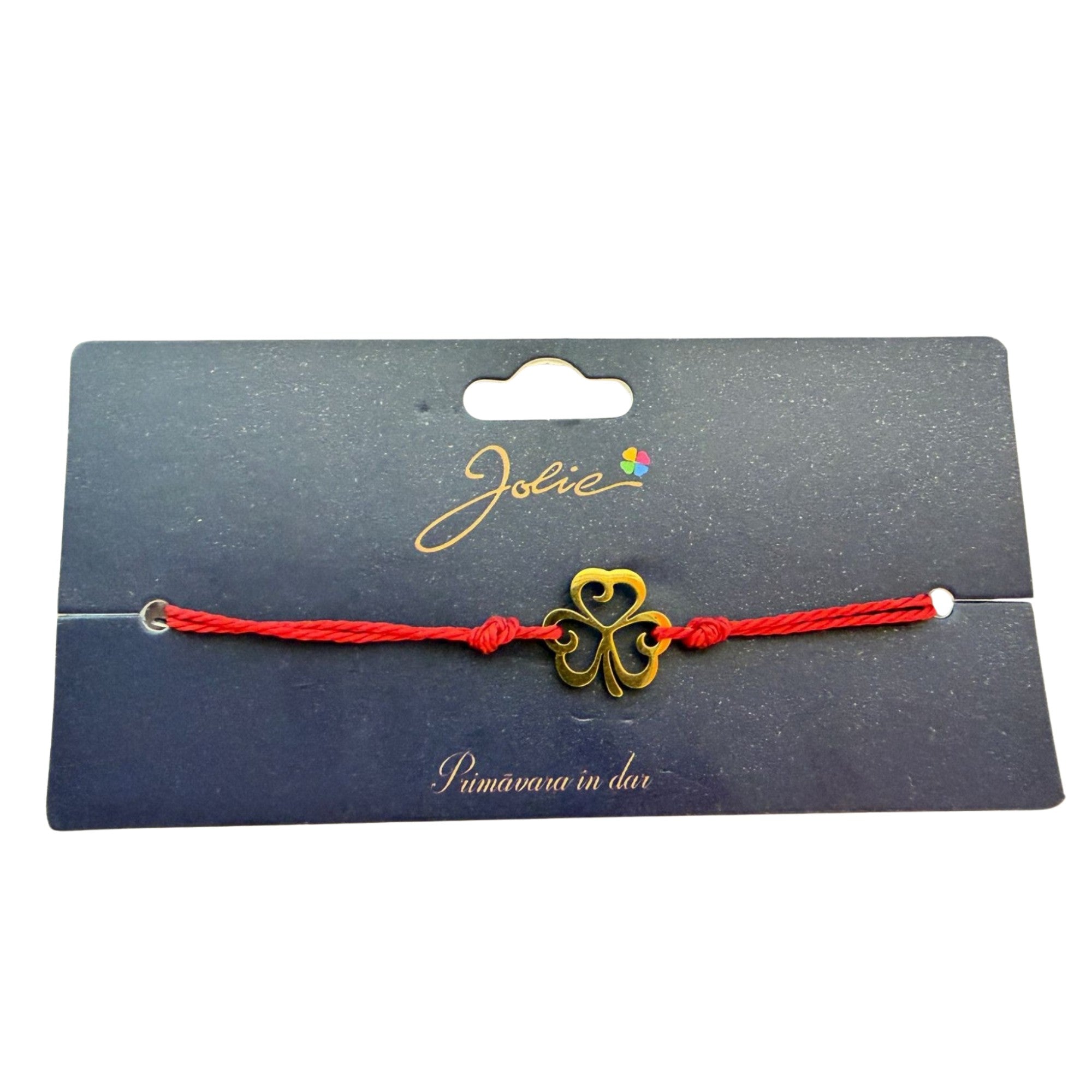 Martisor Bratara Primavara, Textil si Inox, Jolie, Snur Rosu, Model Trifoi, Auriu
