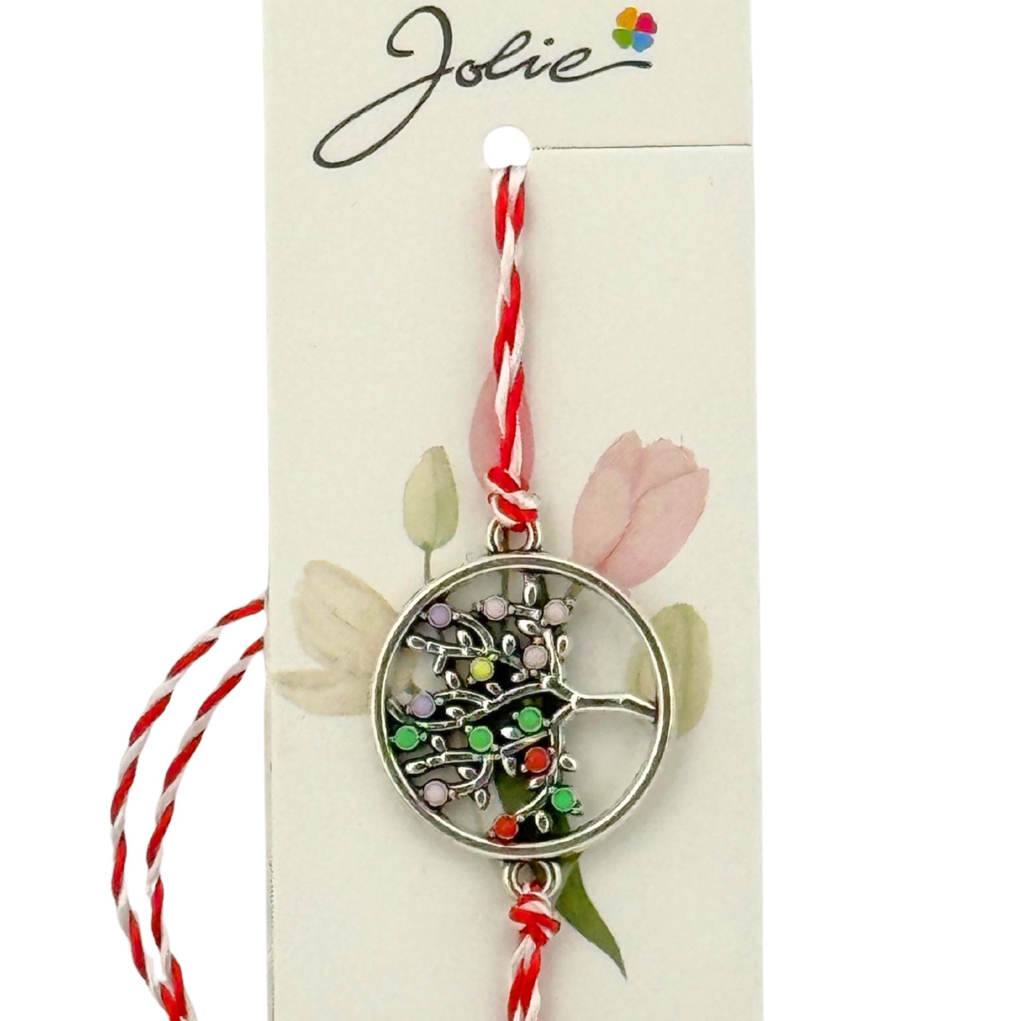 Martisor Bratara Snur Alb-Rosu, Pandantiv Metalic, Model Copacul Vietii