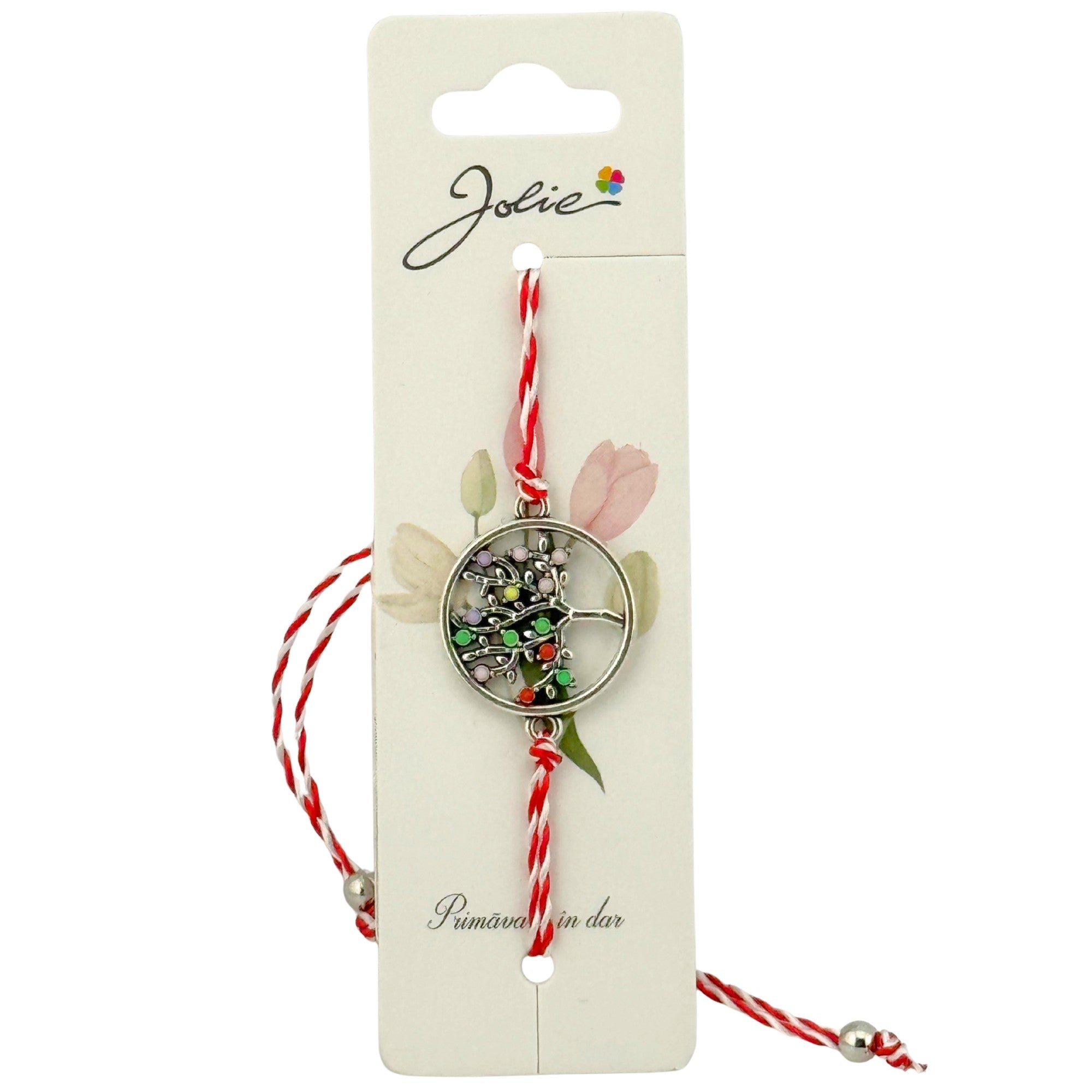 Martisor Bratara Snur Alb-Rosu, Pandantiv Metalic, Model Copacul Vietii
