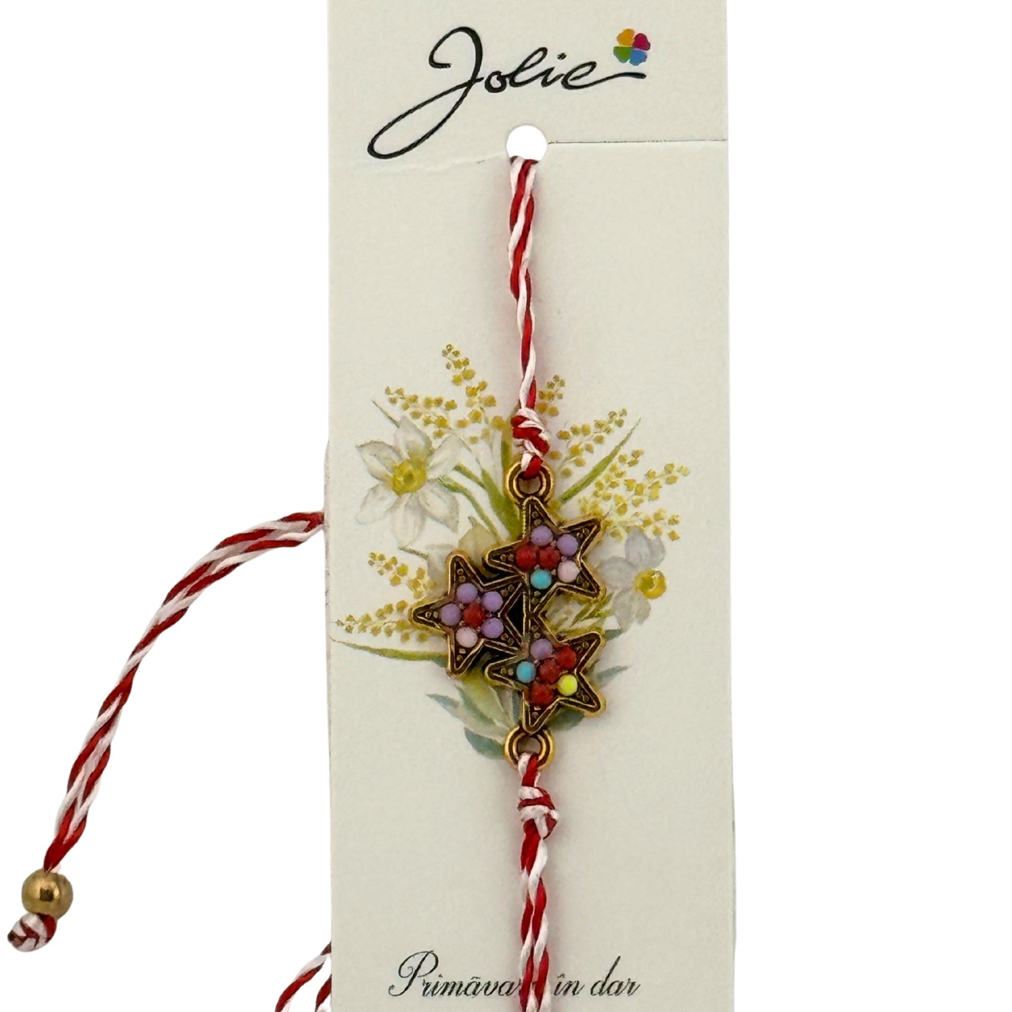 Martisor Bratara Snur Alb-Rosu, Pandantiv Metalic, Model Stelute Colorate