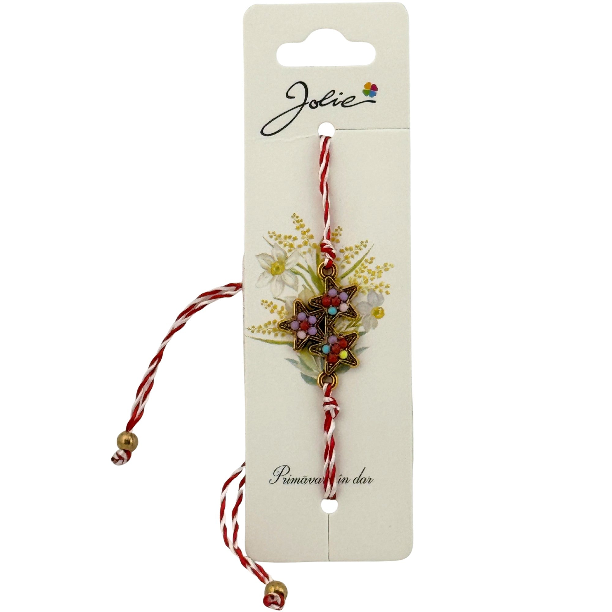 Martisor Bratara Snur Alb-Rosu, Pandantiv Metalic, Model Stelute Colorate