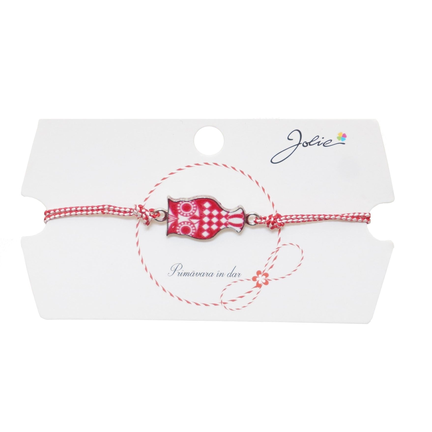 Martisor tip Bratara Traditionala cu Pandantiv, Model Bufnita, Snur Impletit Alb/Rosu, Dimensiune Pandativ Aprox 2 cm, Ambalaj cu Design