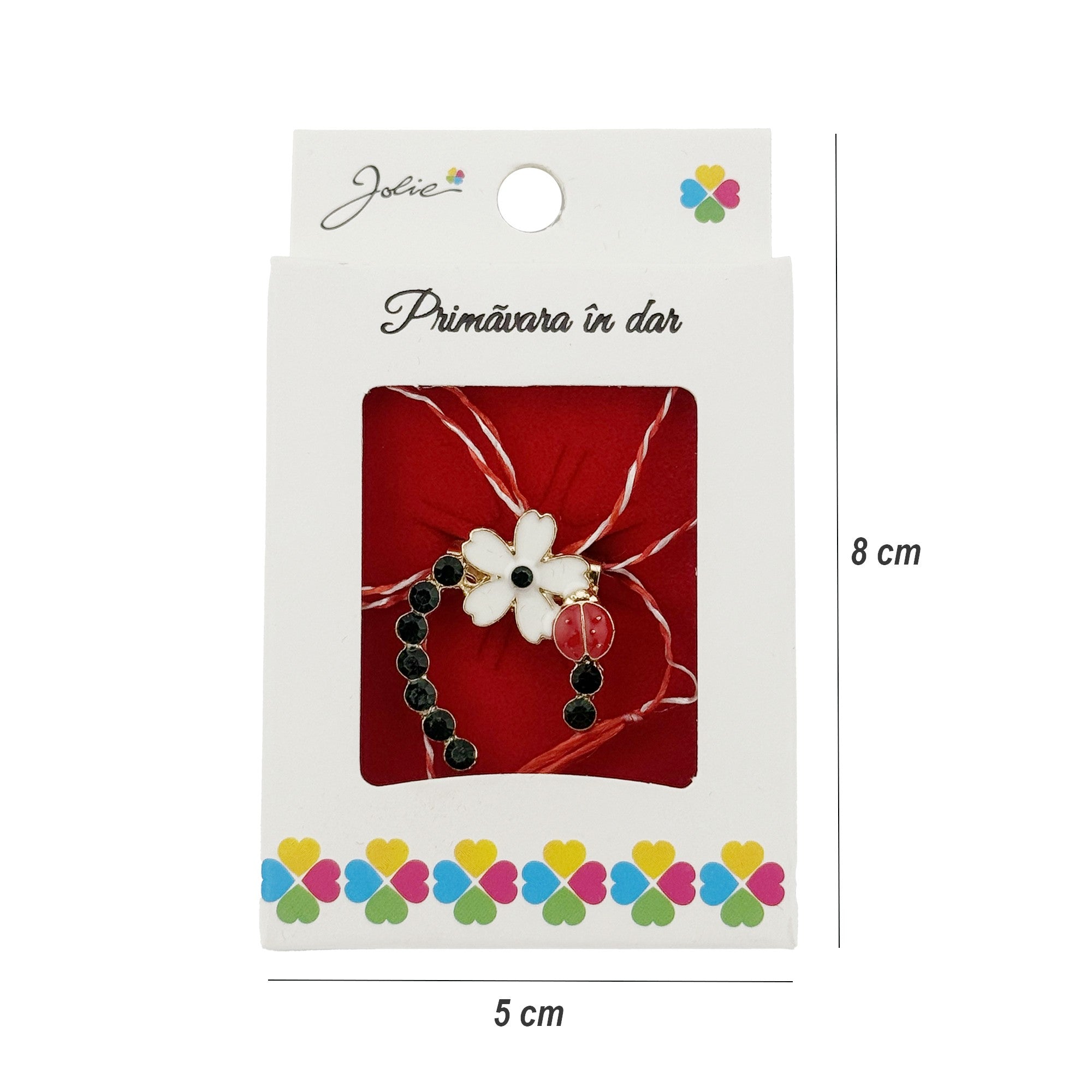 Martisor Brosa, Model Potcoava cu Floare Alba, Metal Emailat in Culori, Sistem de Prindere cu Ac, Dimensiune 2.5–3 cm, Ambalaj Individual cu Design, Multicolor