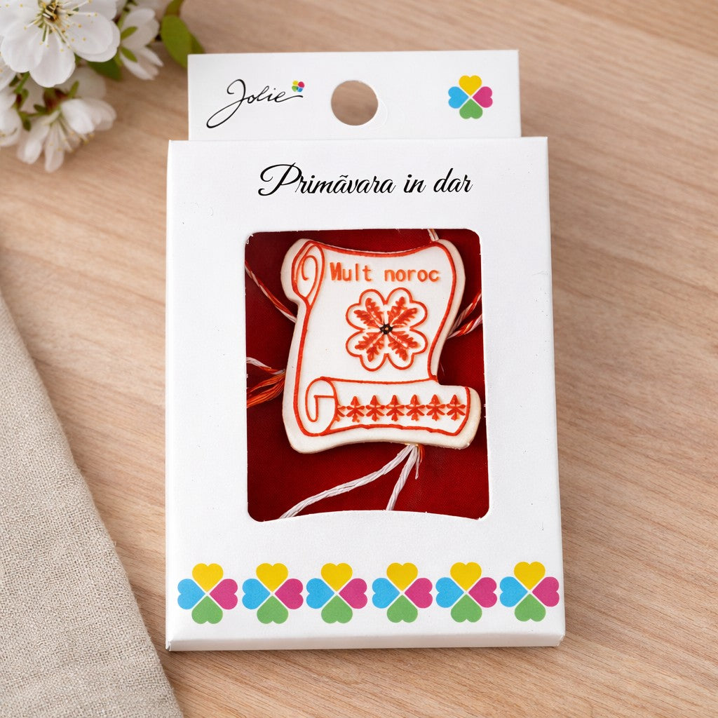 Martisor Brosa Mica in Cutie, Dimensiune Brosa 2,5-3 cm, Material Metal, Model Trifoi Mult Noroc, Alb