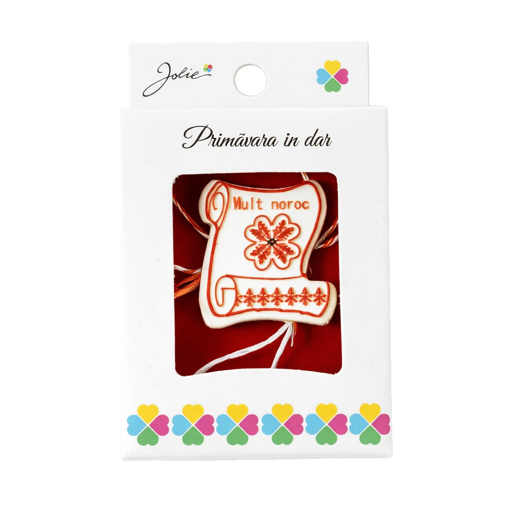 Martisor Brosa Mica in Cutie, Dimensiune Brosa 2,5-3 cm, Material Metal, Model Trifoi Mult Noroc, Alb