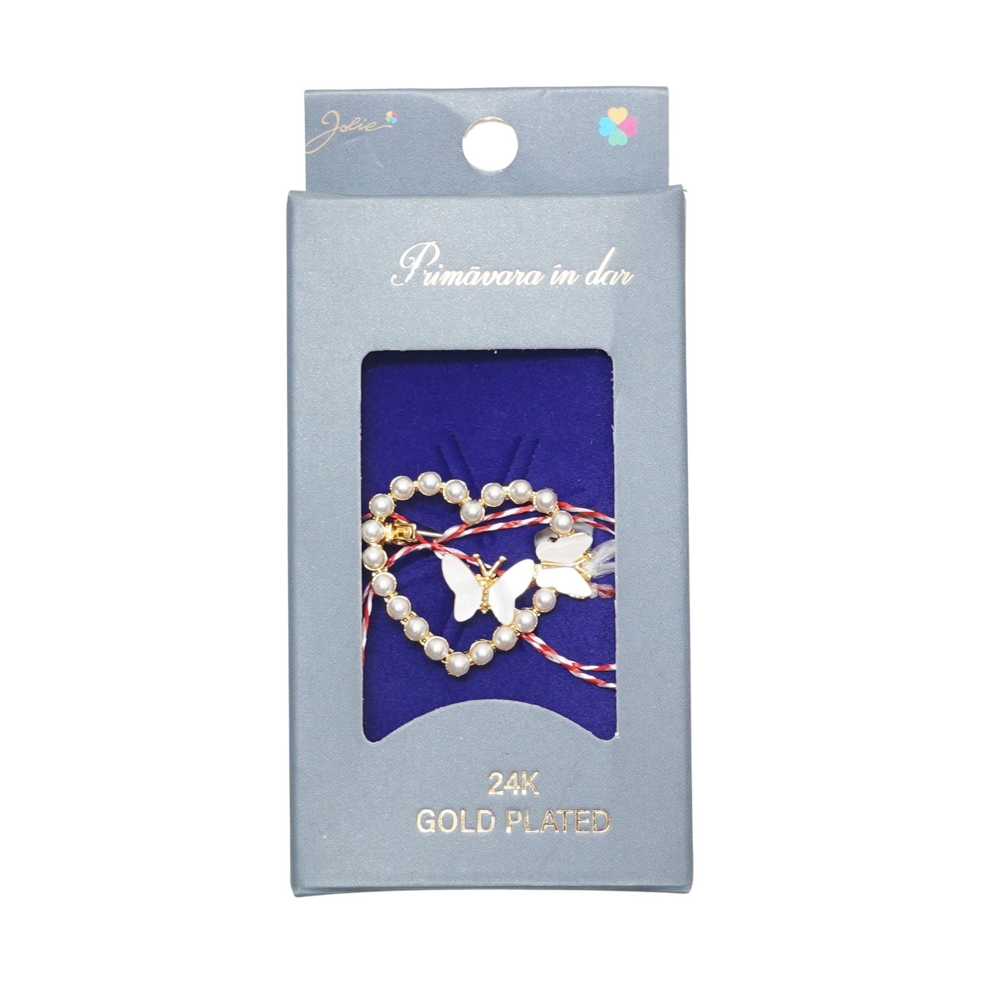 Martisor Brosa Placata cu Aur 24K, Ambalaj Carton cu Design, Material Metal, Model Inima, Dimensiune Brosa 2 - 3 cm, Auriu/Alb