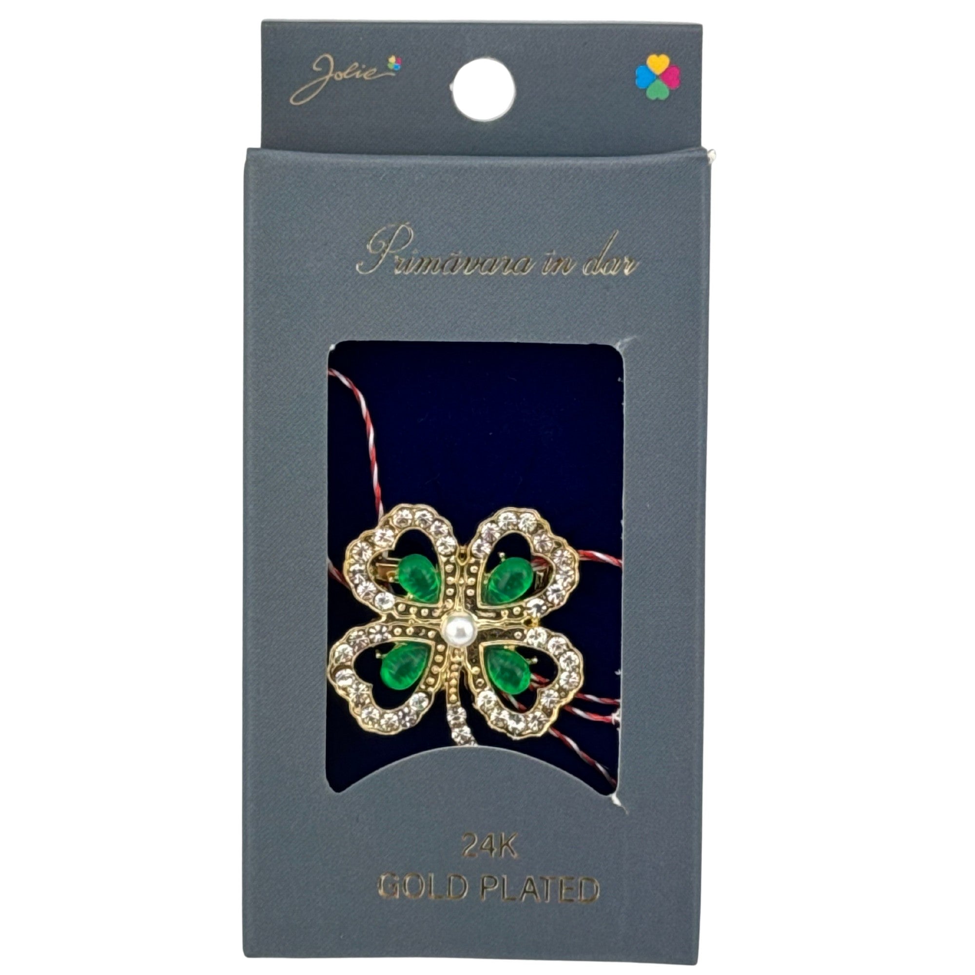 Martisor Brosa Placata cu Aur 24K, Dimensiune Brosa 2-3 cm, Model Trifoi cu Pietre Verzi