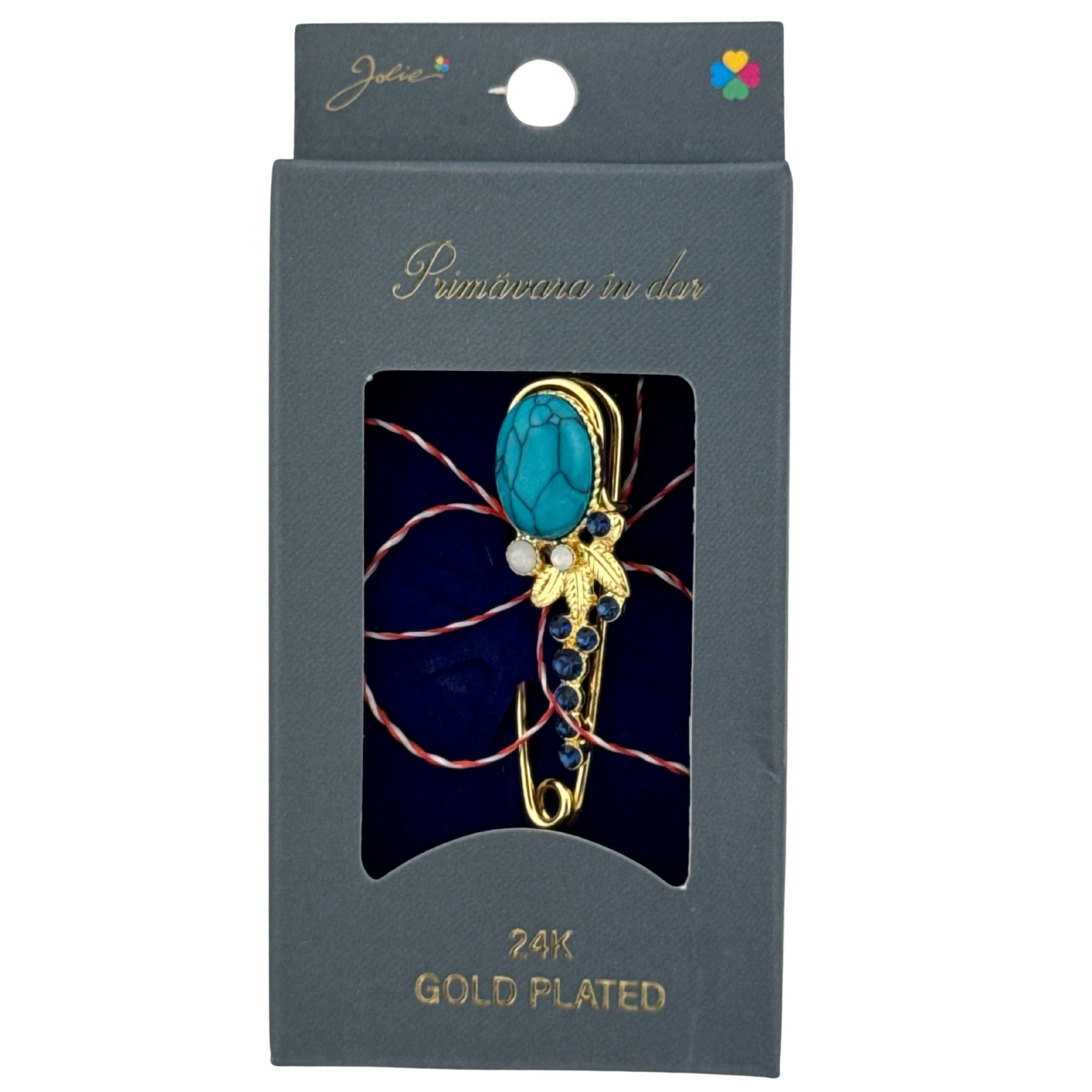 Martisor Brosa Placata cu Aur 24K, Dimensiune Brosa 2-3 cm, Model Floare, Piatra Albastra, Auriu