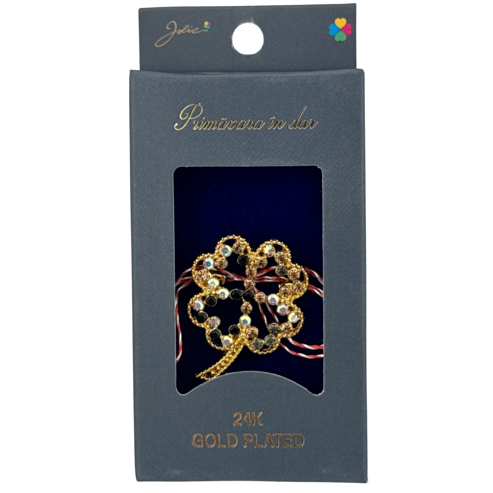 Martisor Brosa Placata cu Aur 24K, Dimensiune Brosa 2-3 cm, Model Trifoi cu Pietricele, Auriu