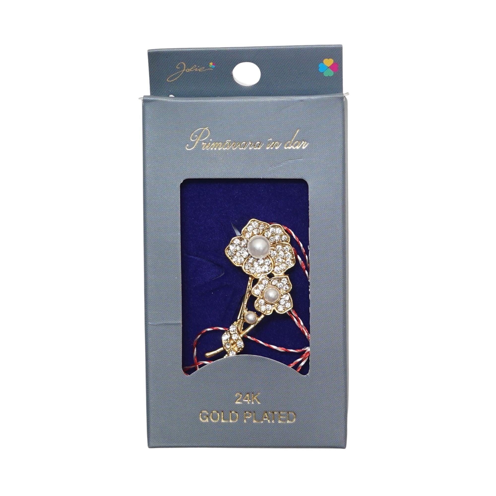 Martisor Brosa Placata cu Aur 24K, Ambalaj Carton cu Design, Material Metal, Model Floare, Dimensiune Brosa 2 - 3 cm, Auriu/Rosu