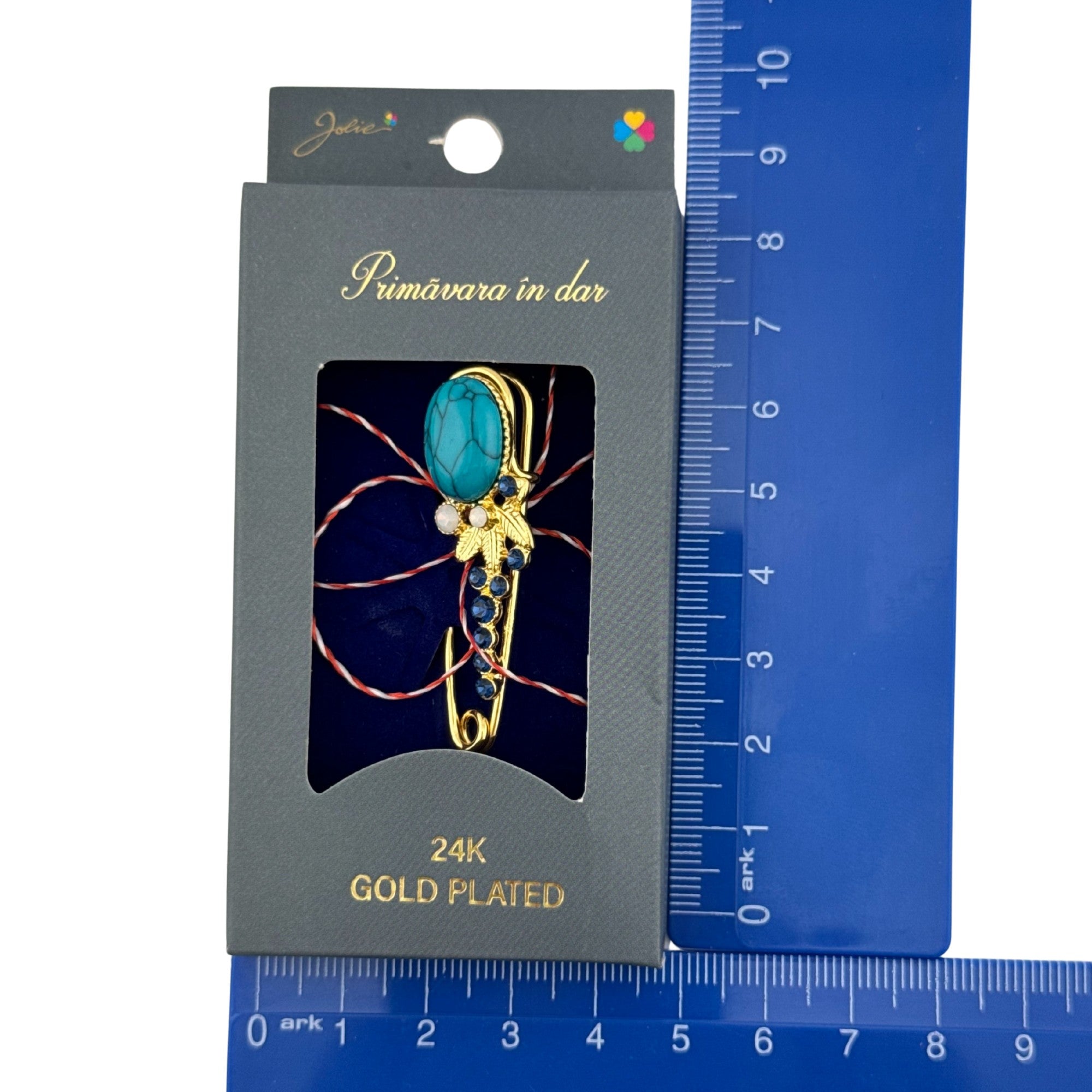 Martisor Brosa Placata cu Aur 24K, Dimensiune Brosa 2-3 cm, Model Floare, Piatra Albastra, Auriu